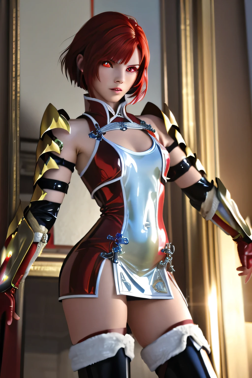 perfect anatomy top quality, highest resolution,(((shiny red and white latex short dress Shiny red hair Shiny Shoulder Armor Shiny Gauntlets short hair red eyes shiny skin Shiny Thigh-High Boots flat chest))) Hinoka