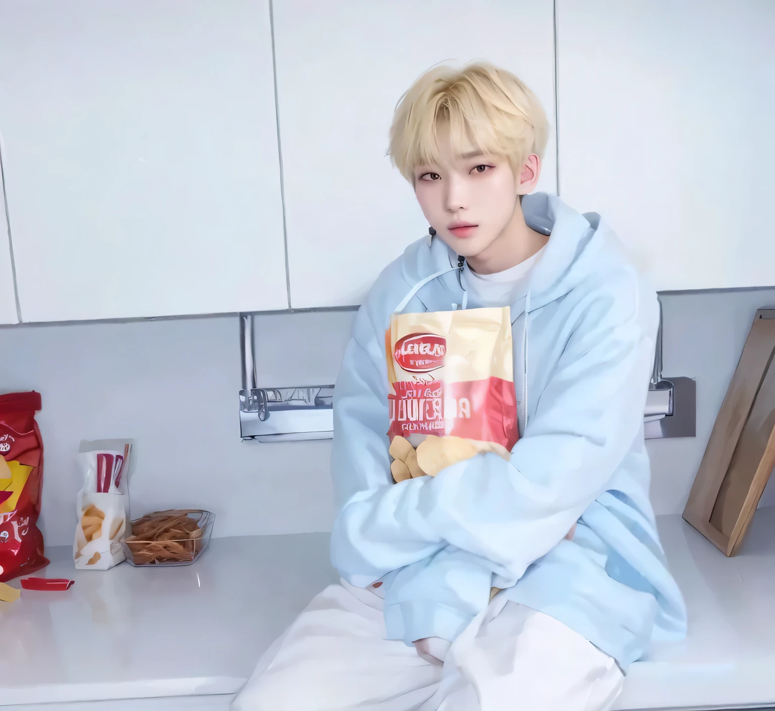 arafed boy sitting on a counter with a bag of chips, taehyung eating gucci fries, cai xukun, inspired by Kun Can, kim doyoung, inspired by Bian Shoumin, inspired by jeonseok lee, jungkook, yanjun chengt, jung jaehyun, male ulzzang, inspired by Yanjun Cheng, hyung tae, bladee from drain gang