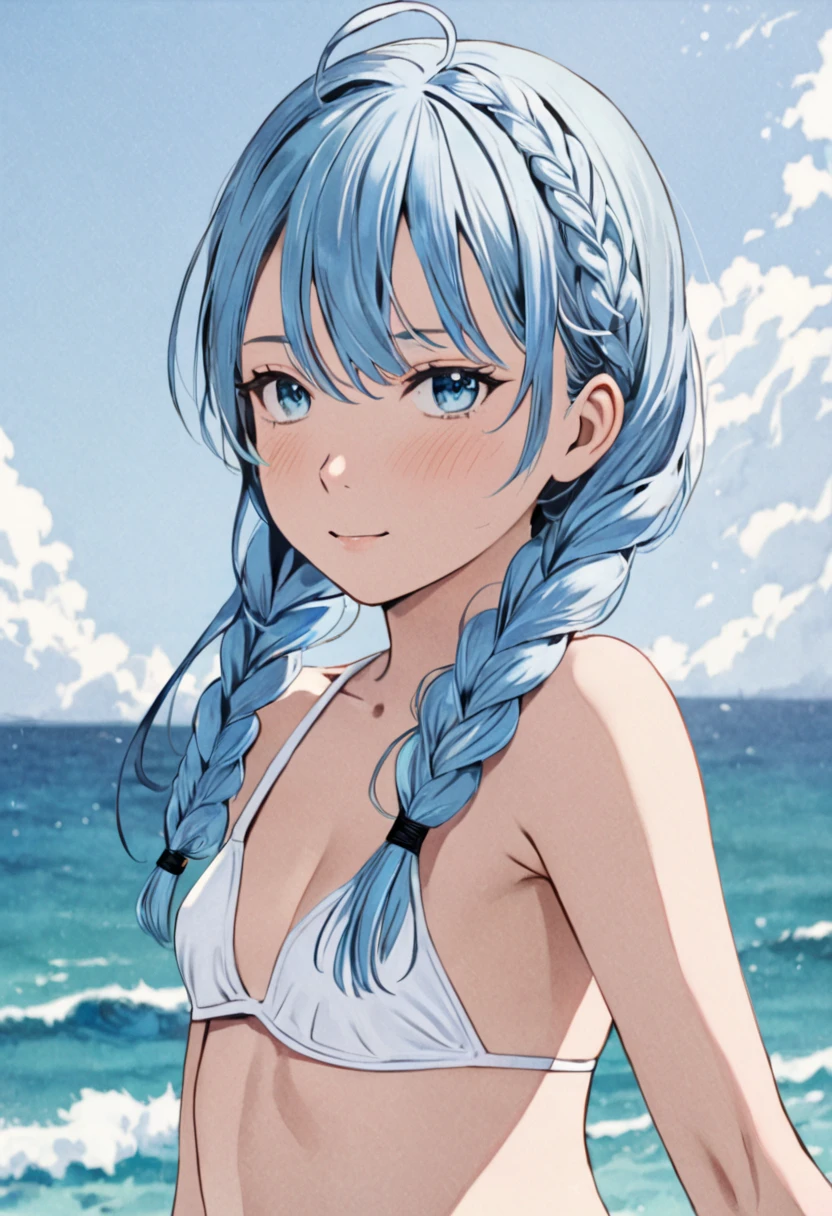 highest quality、Realistic、Women、zoom、summer、Sea of night、cute、Full make-up、Blue Eyes、Silver Hair、ponytail、Silver Bikini、smile、Looking down、smile、Bust Shot、　Small breasts