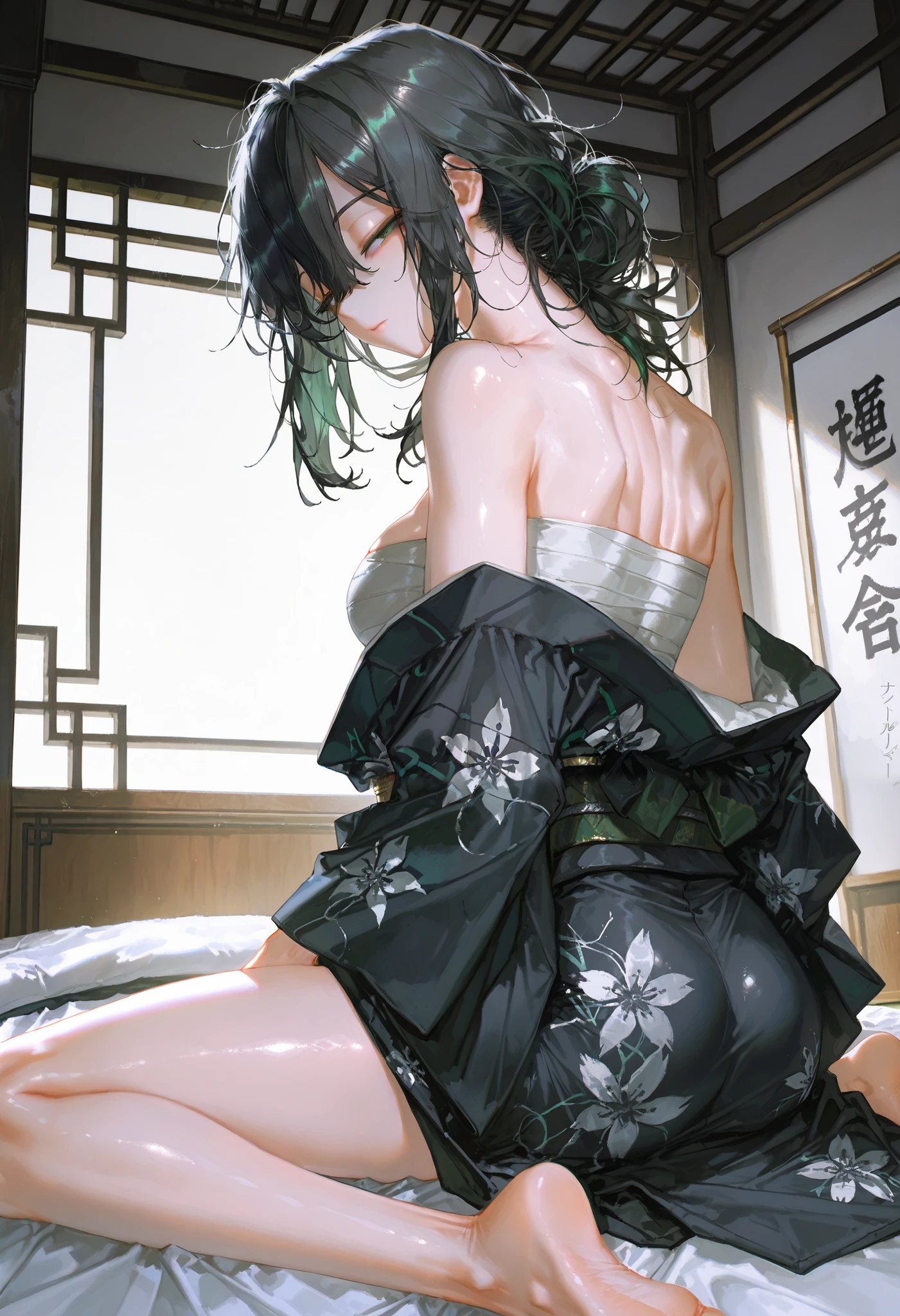 (artist:quasarcake:1.1),(artist:reoen:0.826446),(artist:rhasta:0.9),(artist:wlop:0.7),(hiten \(hitenkei\):0.6),  1girl,solo,adult,mature woman,mature female,  green eyes, (mole under left eye:0.8), (mole on right boob:0.8), hair between eyes, long bangs, medium hair, black hair, messy hair,  half closed eyes,sleepy,closed mouth,  shiny skin,medium breasts,thighs,legs,feets,soles,  messy clothes, black and white yukata with green accents, sarashi, seductive neck, cleavage, bare shoulders, off-shoulders,  messy bedroom,murim world,chinese architecture,white futon,indoors,  sitting,on futon,legs apart,cute,lazy,  detailed eyes,hazy morning light,bloom,beautiful lighting,beautiful shadows,  perfect anatomy,perfect body,perfect posture,mature body,  looking at viewer,back view,from side below,  
,masterpiece,best quality,amazing quality,  