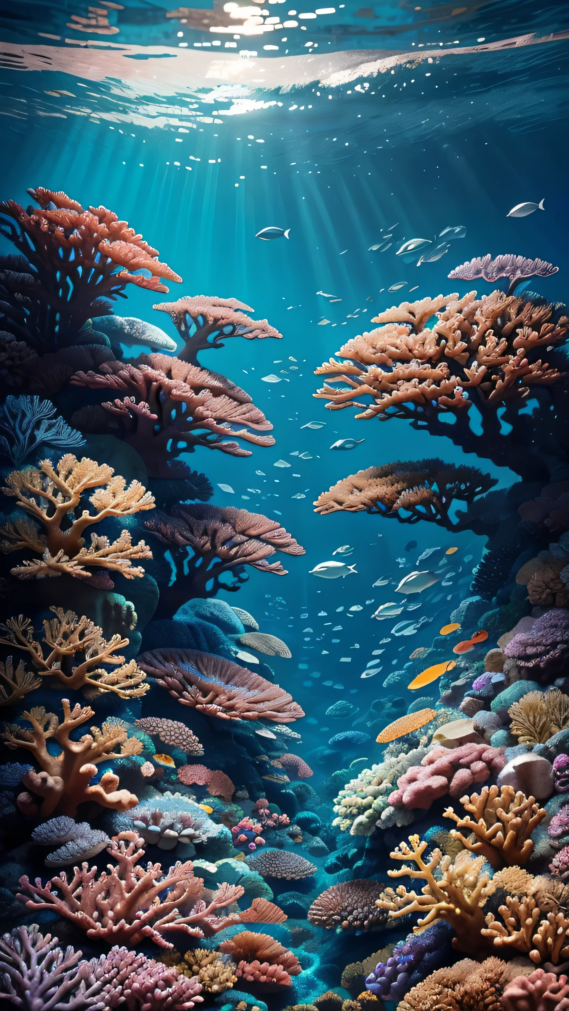in high-definition images、 Spectacular Dramatic Expression in Intense Style 、 Underwater Scenery 、 Gothic Underwater Scenery 、 colorful coral reef 、 Masterpiece of Ocean Imagery 、 Details of the Highest Quality Complex Corals in Ocean Water 、 super clear 、 Screen Environment 、 Realistic shadows 、 Bastien Recouffe Douarme 、24K。
