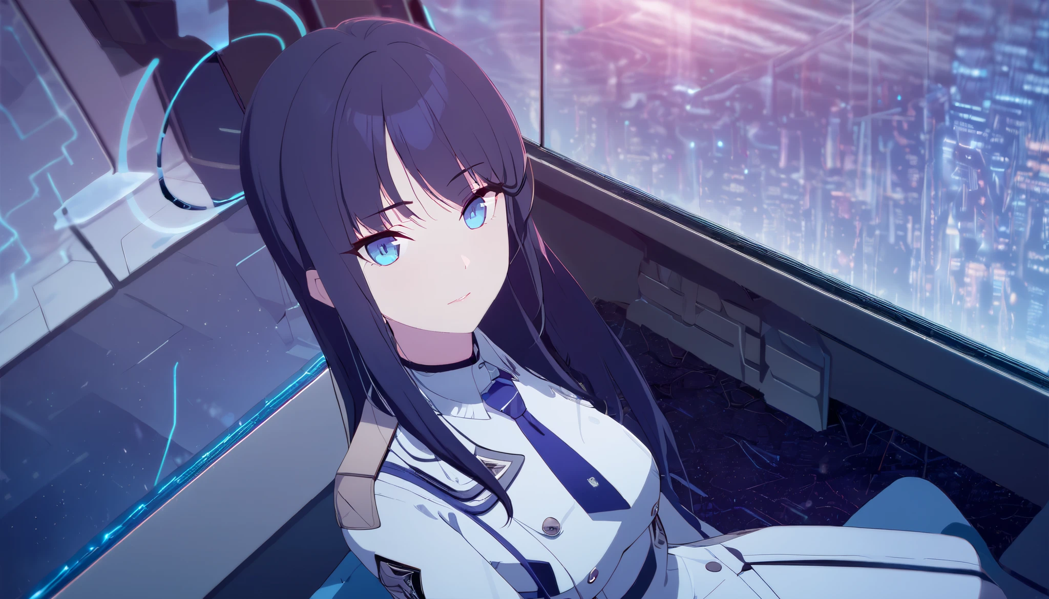 masterpiece, best quality, solo, 1girl, mature, dark blue hair, long hair, cerulean blue eye, blue halo, white uniform, blue tie, standing, looking at viewer, calm, composed, futuristic room with full transparent windows, close up, sitting, night time
