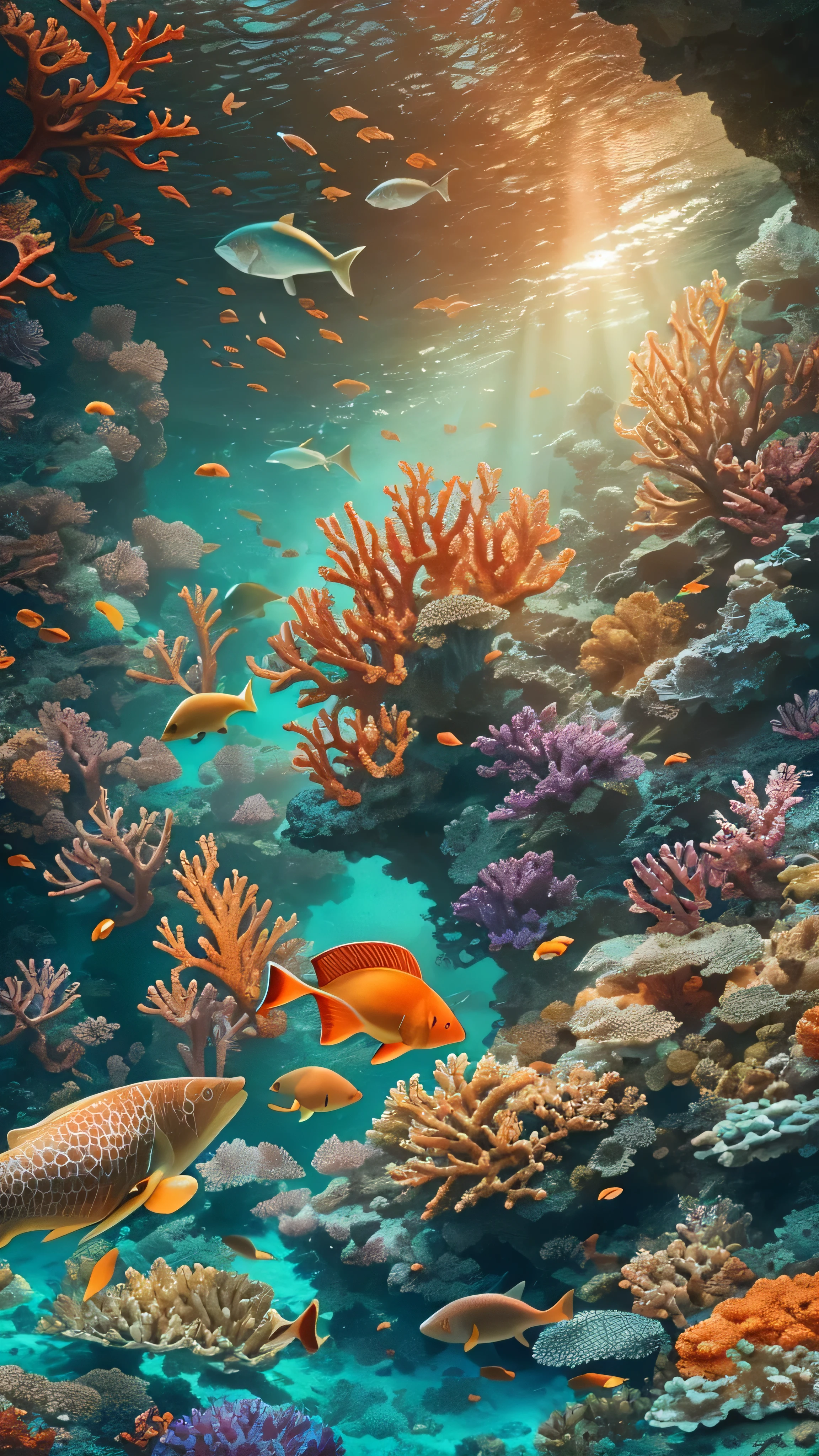 in high-definition images、 Spectacular Dramatic Expression in Intense Style 、 Underwater Scenery 、 Gothic Underwater Scenery 、 red and orange coral reefs 、 Masterpiece of Ocean Imagery 、 Details of the Highest Quality Complex Corals in Ocean Water 、 super clear 、 Screen Environment 、 realistic seven-color coral reef ocean 、 Bastien Recouffe Douarme 、24K。