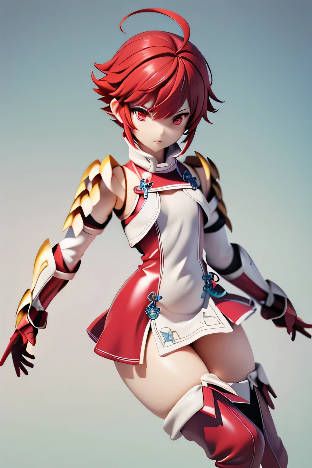  perfect anatomy　 top quality,  highest resolution,(((shiny red and white latex short dress　Shiny red hair　 Shiny Shoulder Armor　Shiny Gauntlets 　 short hair　  red eyes　 shiny skin　 Shiny Thigh-High Boots 　flat chest)))　Hinoka