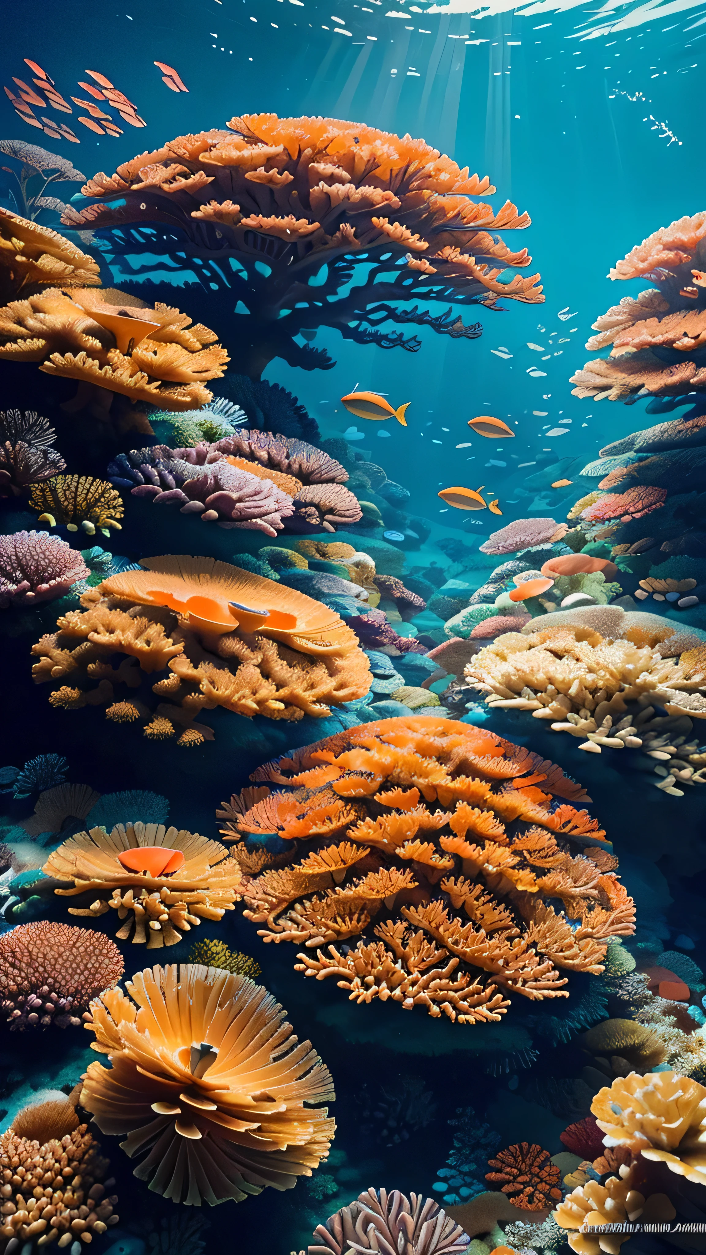 in high-definition images、 Spectacular Dramatic Expression in Intense Style 、 Underwater Scenery 、 View of the coral in Okinawa 、 red and orange coral reefs 、 Masterpiece of Ocean Imagery 、 detail of the highest quality intricate coral in one ocean 、 super clear 、Sun light from above 、 realistic seven-color coral reef ocean 、 Colourful panoramas 、24K。