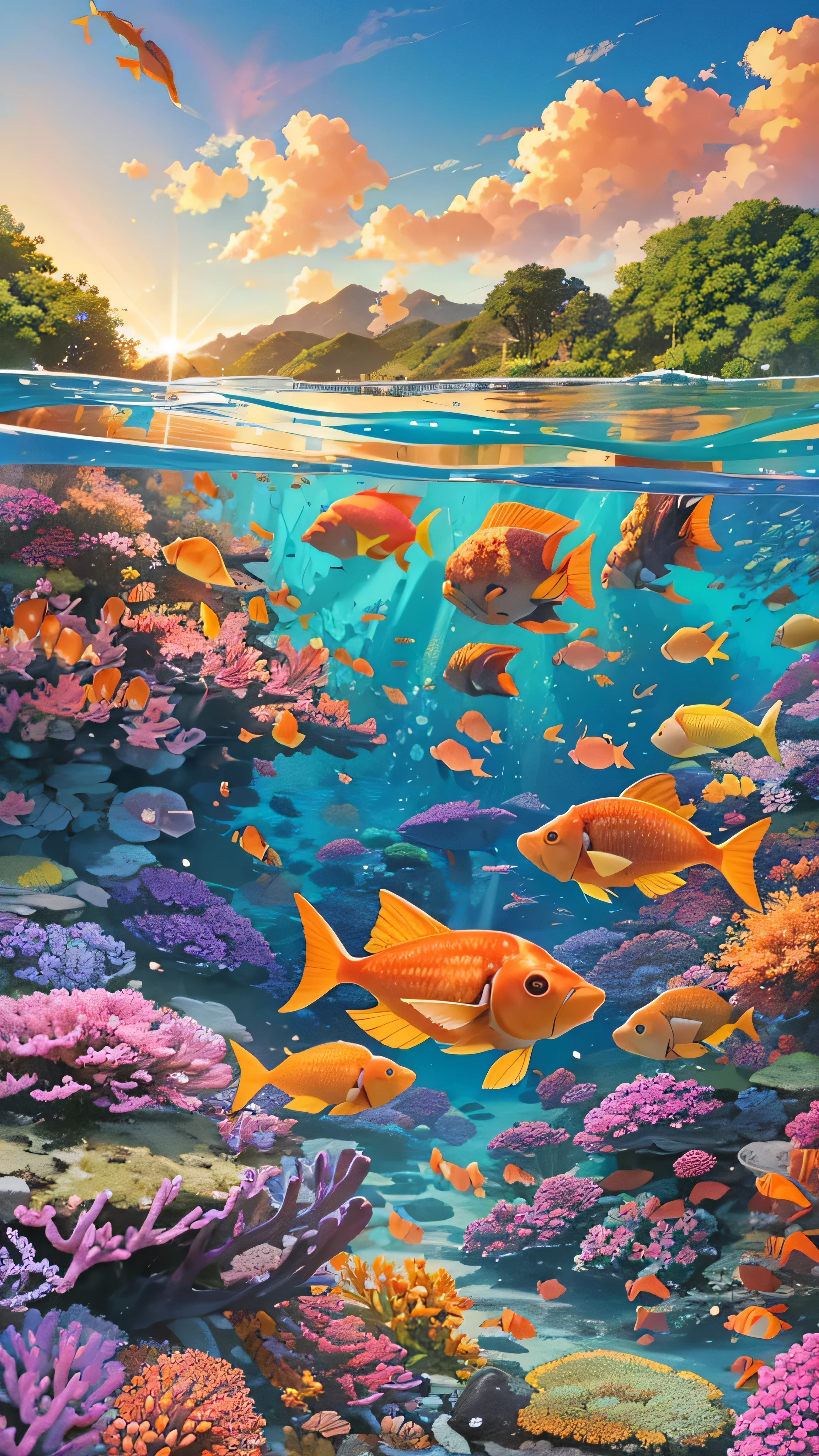 in high-definition images、 Spectacular Dramatic Expression in Intense Style 、 Marin-chan and spectacular underwater scenery 、 View of the coral in Okinawa 、 red and orange coral reefs 、 Masterpiece of Ocean Imagery 、Blue fish are swimming too 、 detail of the highest quality intricate coral in one ocean 、 super clear 、Sun light from above 、 realistic seven-color coral reef ocean 、 Colourful panoramas 、24K。