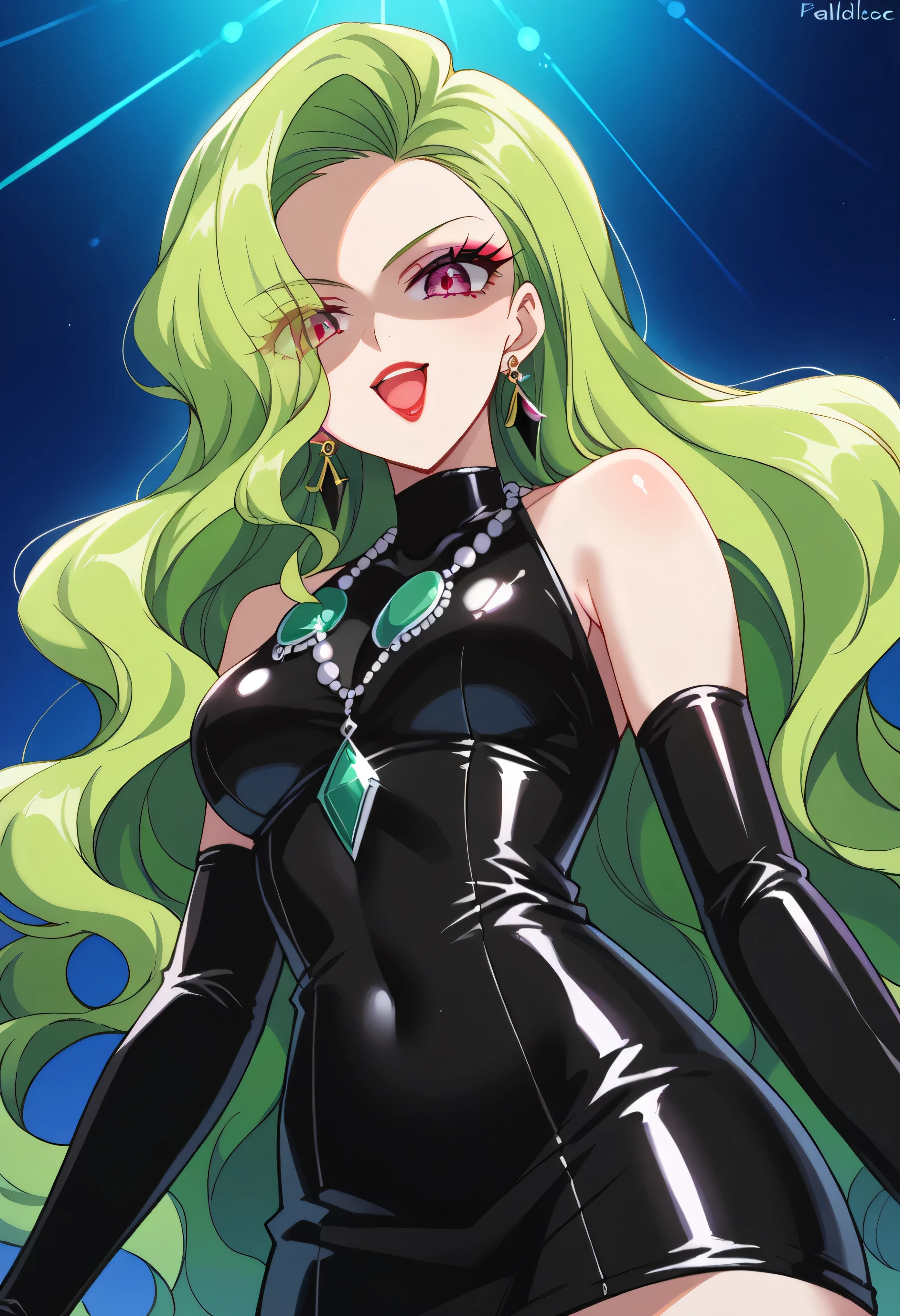 1 girl, cute face, green hair, very long hair, wavy hair, blacklatex alone, gloves, red lipstick, makeup, elbow-length gloves, eye shadow, bare shoulders,shiny   black latex dress, gem necklace,gigant amethyst earrings, black and purplebackground,very evil laugh out loud,Shaded face(eyes in shadow), dark aura, open your mouth wide,Strong Malice 、Laughter that's too wicked、Self-conceit,from below,looking down at viewer,