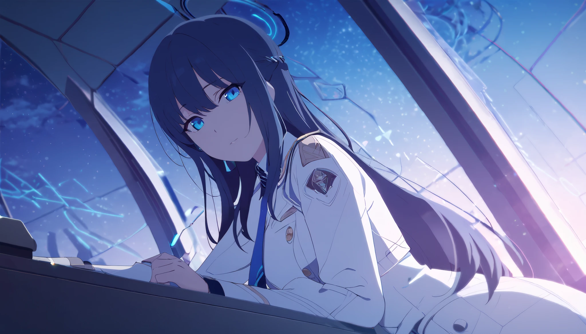 masterpiece, best quality, solo, 1girl, mature, dark blue hair, long hair, cerulean blue eye, blue halo, white uniform, blue tie, standing, looking at viewer, calm, composed, futuristic room with full transparent windows, close up, sitting, night time