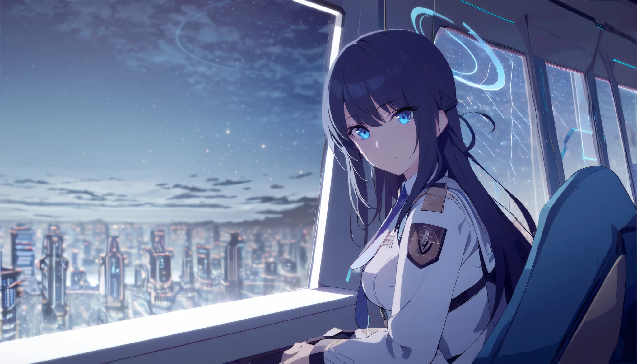 masterpiece, best quality, solo, 1girl, mature, dark blue hair, long hair, cerulean blue eye, blue halo, white uniform, blue tie, standing, looking at viewer, calm, composed, futuristic room with full transparent windows, close up, sitting, night time