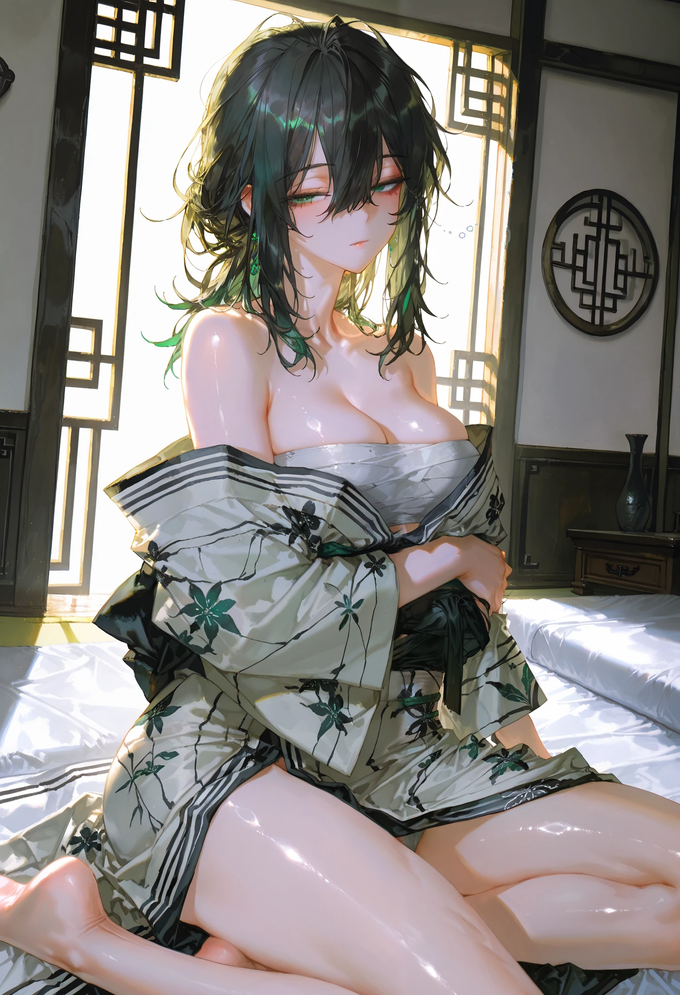 (photo realistic1.5),ultra detailed,(8K),(1girl),(cyberpunk),ruins,(bed:1.2),(cyberpunk costume:1.2),Future Items,topless,(small nipples),(big breasts:1.2),gravure,beautiful Japanese,clothes in disarray,earrings,shorts or skirt,(from above),looking at viewer,(lying down pose),(embarrassed),bust shot,(green hair),(medium hair),24years old,