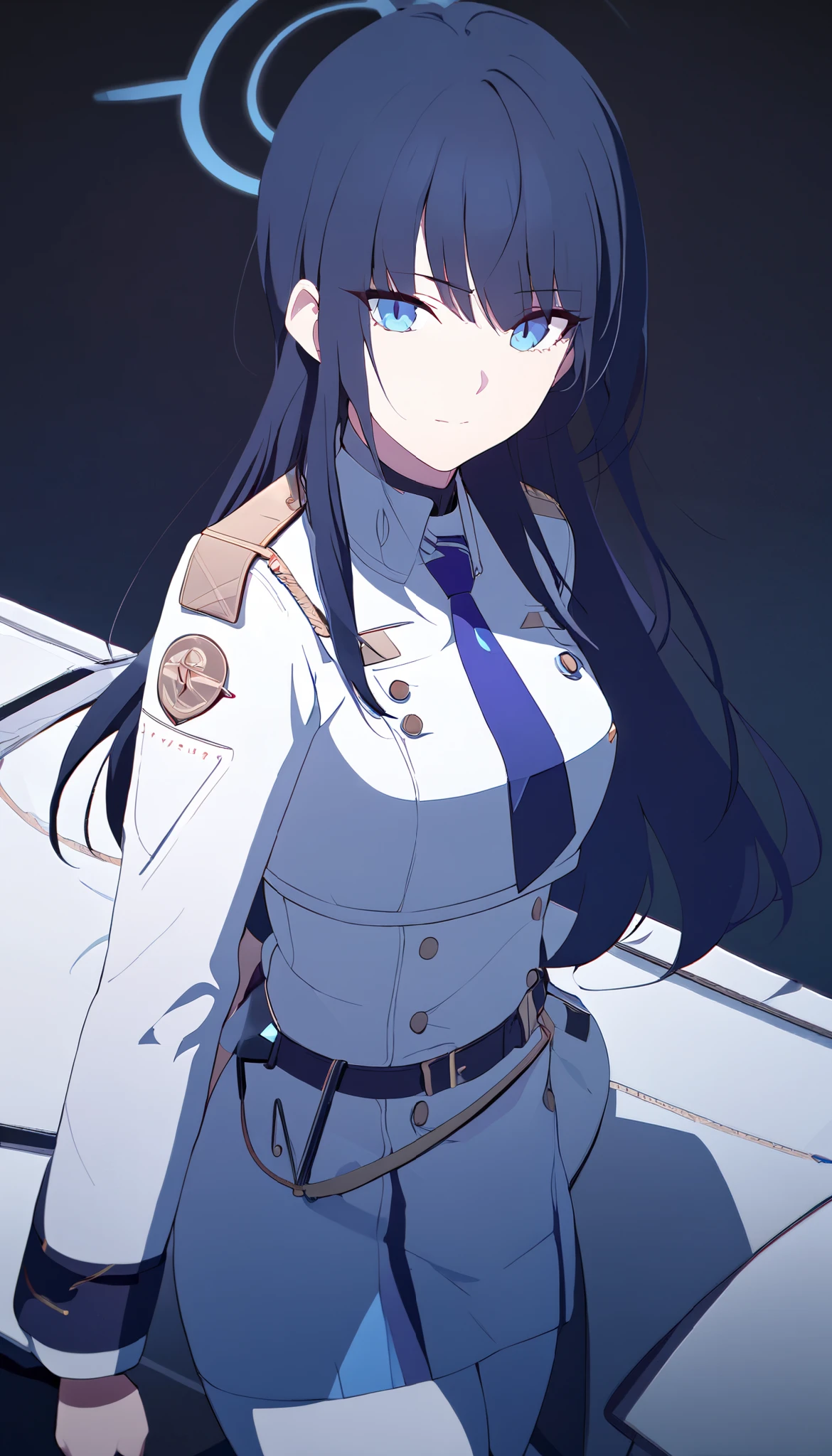 masterpiece, best quality, solo, 1girl, mature, dark blue hair, long hair, cerulean blue eye, blue halo, white uniform, blue tie, standing, looking at viewer, calm, composed, black background only