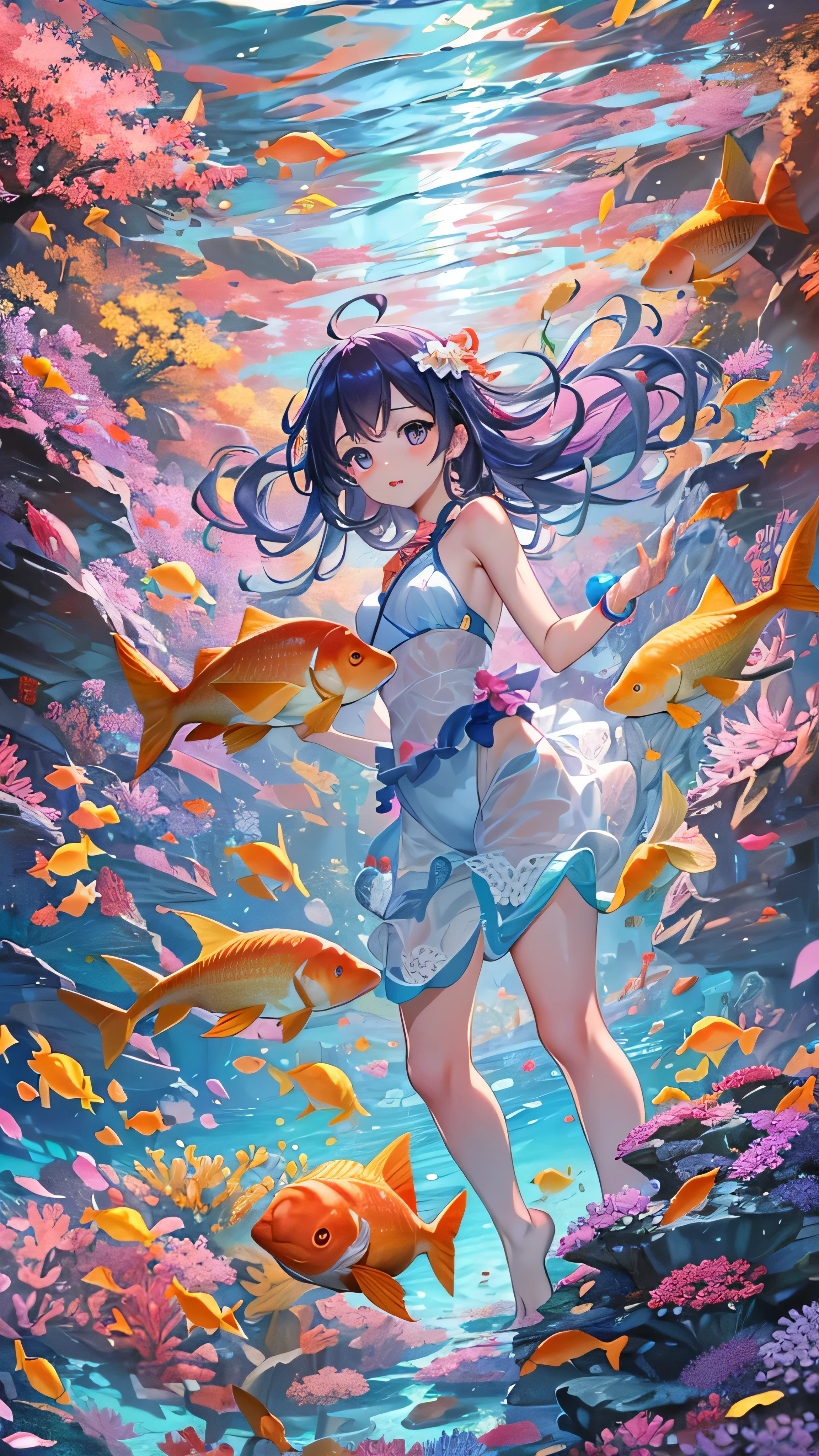 Anime girl in a dress and fish in a sea - SeaArt AI