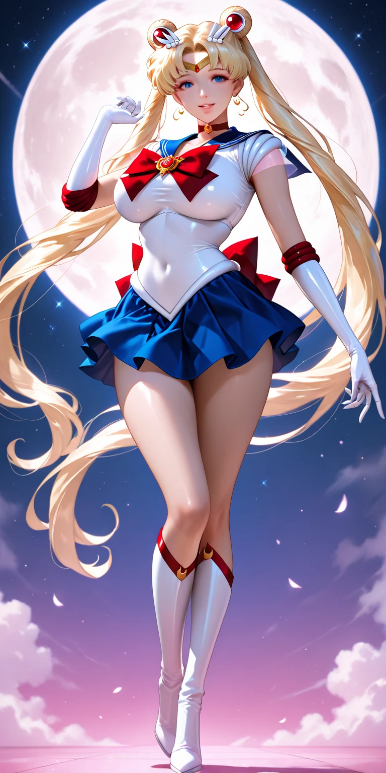 ((Smooth texture:0.75, Realistic texture:0.65, Realistic:1.1, Anime CG Style)), 8K, masterpiece, highest quality, High Resolution, Month 1, 1 girl, alone, Sailor Warrior Uniforms, ((Sailor Moon:1.3)), ((Usagi Tsukino:1.2)), blonde, Magical girl, blue eyes, White panties, ((Red ribbon:1.5)), Red scarf, Elbow hand pockets, Pleated skirt, Navy blue mini skirt, choker, White gloves, jewelry, Earrings, smile, The background is space (Amazing details, Excellent lighting, Wide-angle), full moon, ((Showing panties:1.5)),