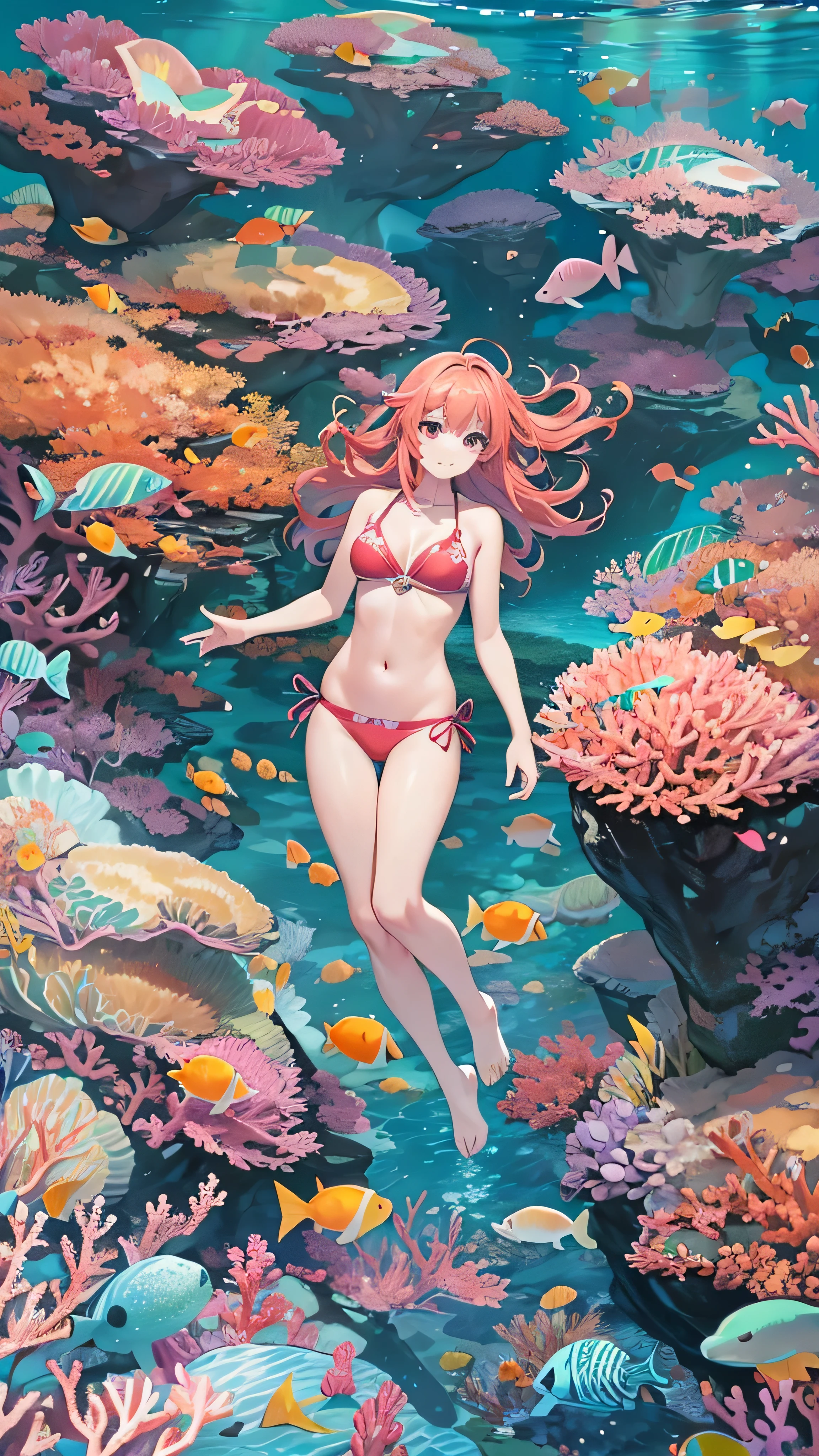 The corals,Mid summer,The bikini,under the water:1.5,dutch angle shot,ground-level shot,low angle,full body shot,long shot,Under the sea,diving:1.8,Wet hair,swimming:1.6,(Raw photo: 1.2), (Realism: 1.4), (masutepiece: 1.3), (exquisite detailing: 1.2), kiss,Delicate and beautiful details, (Eye Detail), (Facial Detailed), (Highest Quality) :1.4), (Hyper-Resolution: 1.2), cinematric light, (very detailed illustration), Best Quality,depth of fields, Wide light, natural shadows, reflection.