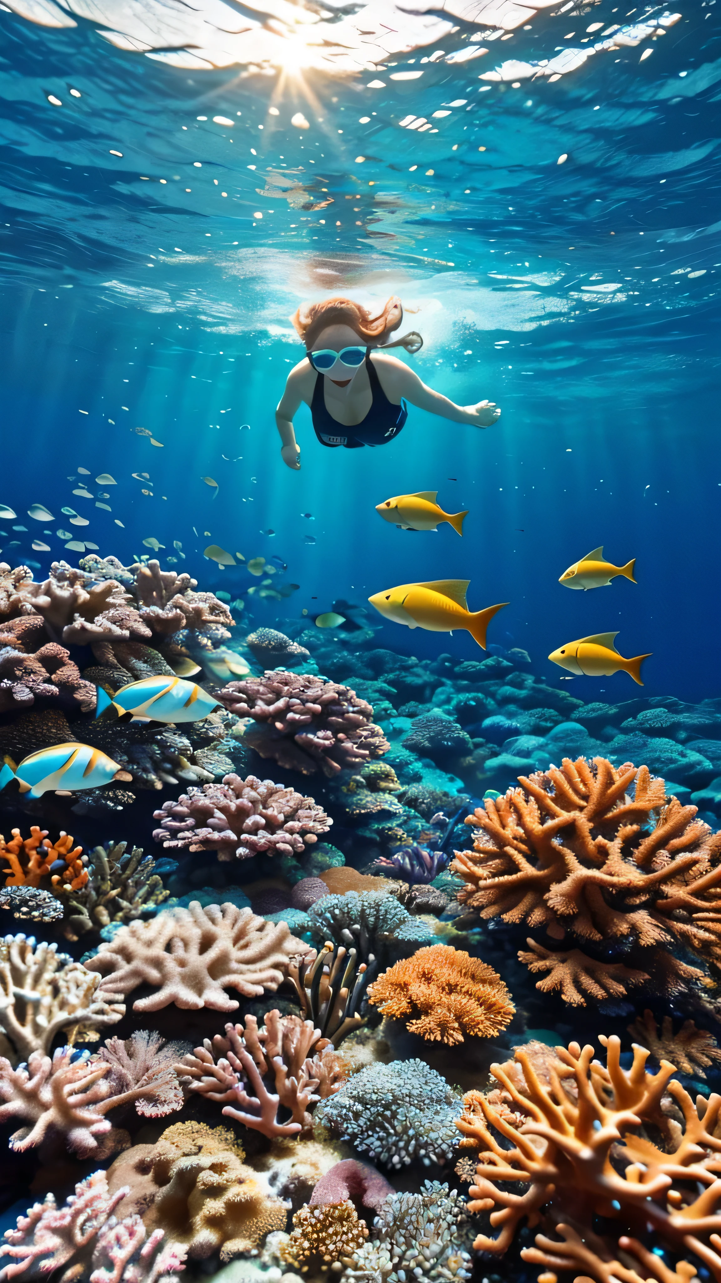 in high-definition images、A spectacular dramatic expression in the intense style of Marin-chan swimming in a coral reef 、 Marin-chan and spectacular underwater scenery 、 View of the coral in Okinawa 、 red and orange coral reefs 、 Masterpiece of Ocean Imagery 、Blue fish are swimming too 、 detail of the highest quality intricate coral in one ocean 、 super clear 、Sun light from above 、 realistic seven-color coral reef ocean 、 Colourful panoramas 、24K。