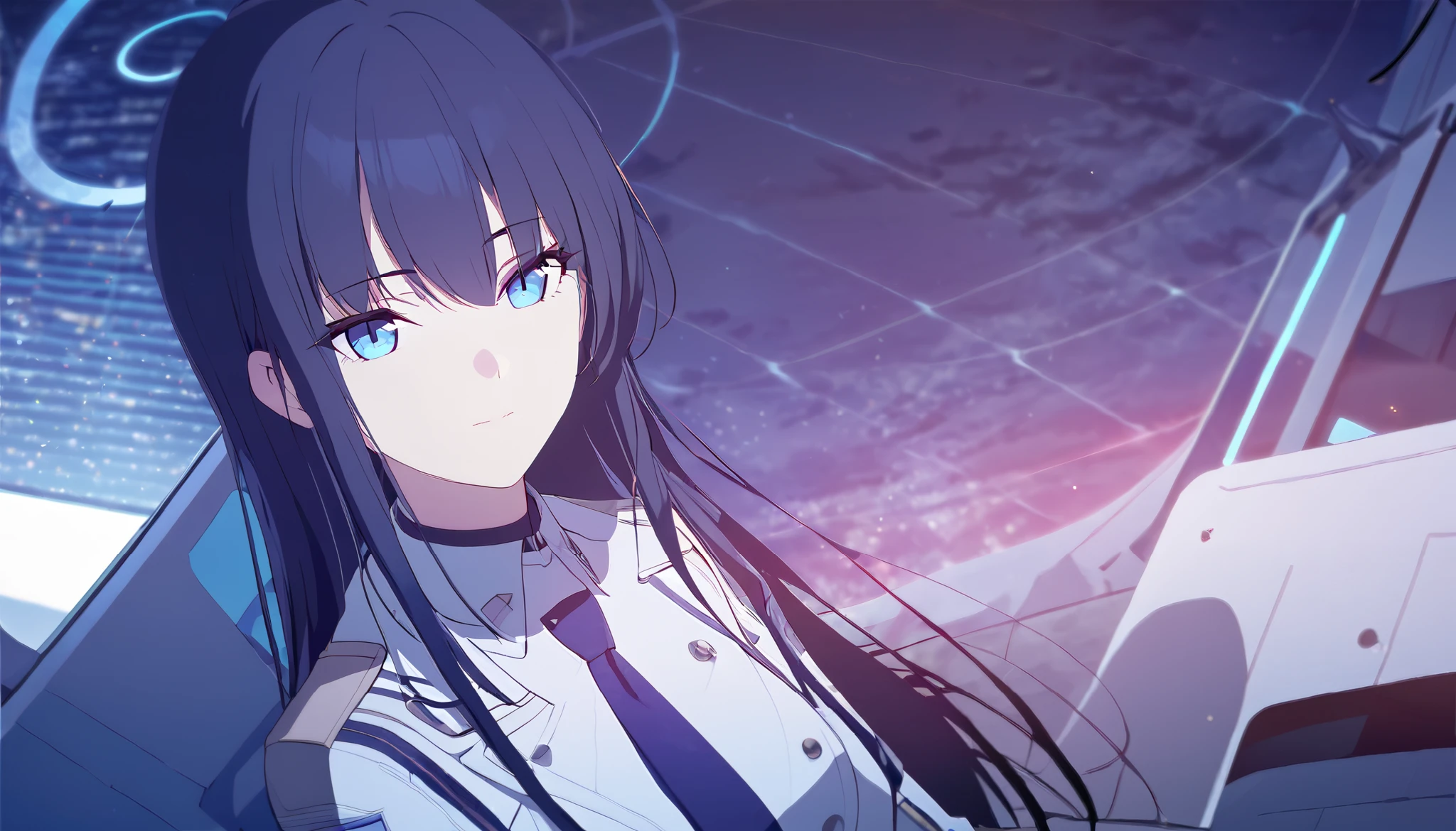 masterpiece, best quality, solo, 1girl, mature, dark blue hair, long hair, cerulean blue eye, blue halo, white uniform, blue tie, standing, looking at viewer, calm, composed, futuristic room with full transparent windows, close up, sitting, night time