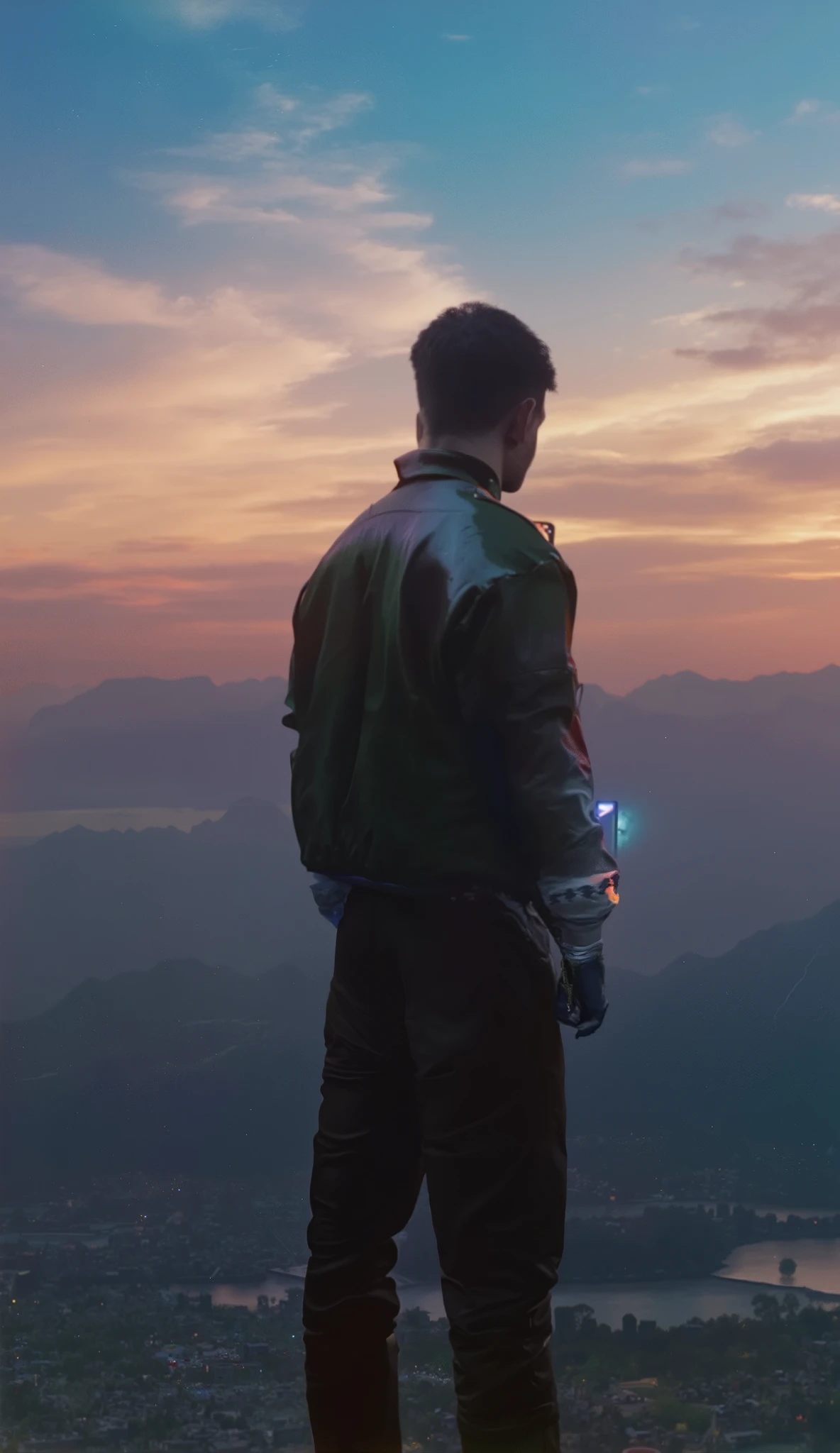 (best quality, 128k,highres,masterpiece:1.2),ultra-detailed,(realistic,photorealistic,photo-realistic:1.37), ((masterpiece)) ((photography)) ((Highest quality)) A lone man, seen from behind, stands at the very peak of the tallest skyscraper, his silhouette framed against the vast sky. He wears a sleek, modern outfit—dark slim-fit trousers, a fitted jacket fluttering slightly in the wind. In his left hand, he holds a single red rose, its delicate petals contrasting with the harsh, metallic edge of the rooftop. In his right hand, he grips a high-tech smartphone with a luminous holographic display, casting a faint bluish glow on his fingers.
Beneath him, the world stretches infinitely. A magnificent sunset bathes the scene in warm golden hues, blending into deep purples and blues as night begins to claim the sky. Below, a vast landscape unfolds—a sprawling city with twinkling lights appearing minuscule due to his extreme height, a majestic mountain range shrouded in mist, and the endless ocean reflecting the last light of the day. The horizon appears subtly curved, emphasizing the surreal altitude and evoking a sense of standing at the edge of the world.
The wind howls softly, ruffling his hair as he gazes at the vastness beneath him. The atmosphere is cinematic, a mix of solitude, power, and quiet contemplation, as if he has conquered everything yet still seeks something more.