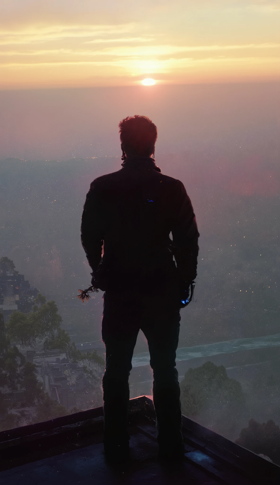 (best quality, 128k,highres,masterpiece:1.2),ultra-detailed,(realistic,photorealistic,photo-realistic:1.37), ((masterpiece)) ((photography)) ((Highest quality)) A lone man, seen from behind, stands at the very peak of the tallest skyscraper, his silhouette framed against the vast sky. He wears a sleek, modern outfit—dark slim-fit trousers, a fitted jacket fluttering slightly in the wind. In his left hand, he holds a single red rose, its delicate petals contrasting with the harsh, metallic edge of the rooftop. In his right hand, he grips a high-tech smartphone with a luminous holographic display, casting a faint bluish glow on his fingers.
Beneath him, the world stretches infinitely. A magnificent sunset bathes the scene in warm golden hues, blending into deep purples and blues as night begins to claim the sky. Below, a vast landscape unfolds—a sprawling city with twinkling lights appearing minuscule due to his extreme height, a majestic mountain range shrouded in mist, and the endless ocean reflecting the last light of the day. The horizon appears subtly curved, emphasizing the surreal altitude and evoking a sense of standing at the edge of the world.
The wind howls softly, ruffling his hair as he gazes at the vastness beneath him. The atmosphere is cinematic, a mix of solitude, power, and quiet contemplation, as if he has conquered everything yet still seeks something more.