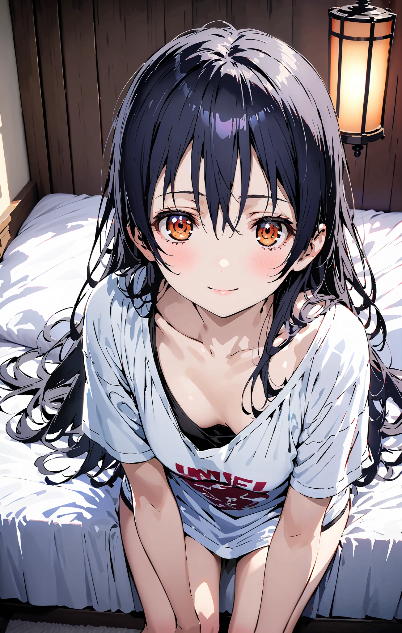 Sonoda Umi , long hair, bangs, hair between eyes, brown eyes, smile,sleepy, Lantern, down blouse that shifts the chest, loose t-shirt , one shoulder, Long Sleeve,Black string underwear ,Bare legs, bed with my thighs, beautiful scenery,morning, Interior ,whole bodyが illustrationsに入るように, break indoors, bedroom,
break looking at viewer,whole body,
break ( Masterpiece:1.2), top quality, high res, Unity 8k Wallpaper, ( illustrations:0.8), ( beautiful detailed eyes:1.6), highly detailed faces, perfect lighting , Extremely detailed CG, ( perfect hand, perfect anatomy),