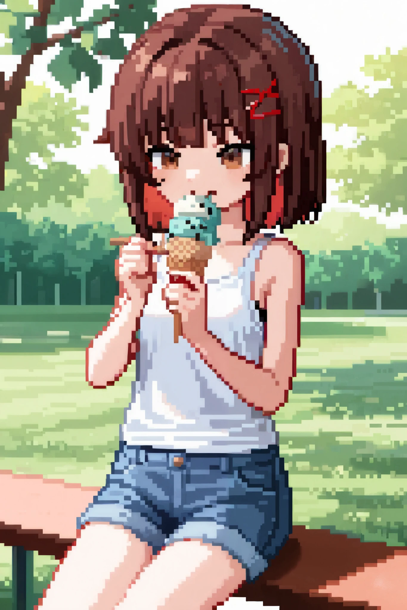 1girl, small breasts, imouto, short hair, straight bangs, brown hair, brown eyes, red x hair ornament, in the park, wearing denim shorts, white tank top, smiling, eating ice cream, vanilla ice cream