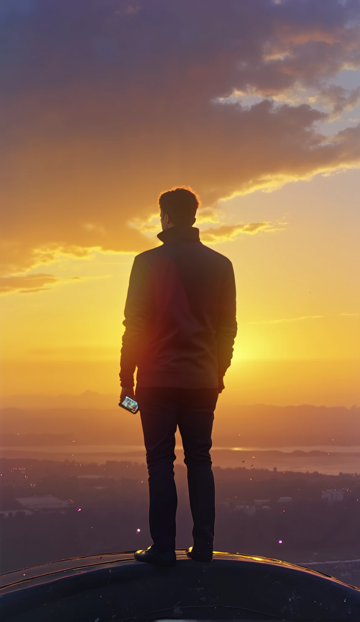 (best quality, 128k,highres,masterpiece:1.2),ultra-detailed,(realistic,photorealistic,photo-realistic:1.37), ((masterpiece)) ((photography)) ((Highest quality)) A lone man, seen from behind, stands at the very peak of the tallest skyscraper, his silhouette framed against the vast sky. He wears a sleek, modern outfit—dark slim-fit trousers, a fitted jacket fluttering slightly in the wind. In his left hand, he holds a single red rose, its delicate petals contrasting with the harsh, metallic edge of the rooftop. In his right hand, he grips a high-tech smartphone with a luminous holographic display, casting a faint bluish glow on his fingers.
Beneath him, the world stretches infinitely. A magnificent sunset bathes the scene in warm golden hues, blending into deep purples and blues as night begins to claim the sky. Below, a vast landscape unfolds—a sprawling city with twinkling lights appearing minuscule due to his extreme height, a majestic mountain range shrouded in mist, and the endless ocean reflecting the last light of the day. The horizon appears subtly curved, emphasizing the surreal altitude and evoking a sense of standing at the edge of the world.
The wind howls softly, ruffling his hair as he gazes at the vastness beneath him. The atmosphere is cinematic, a mix of solitude, power, and quiet contemplation, as if he has conquered everything yet still seeks something more.