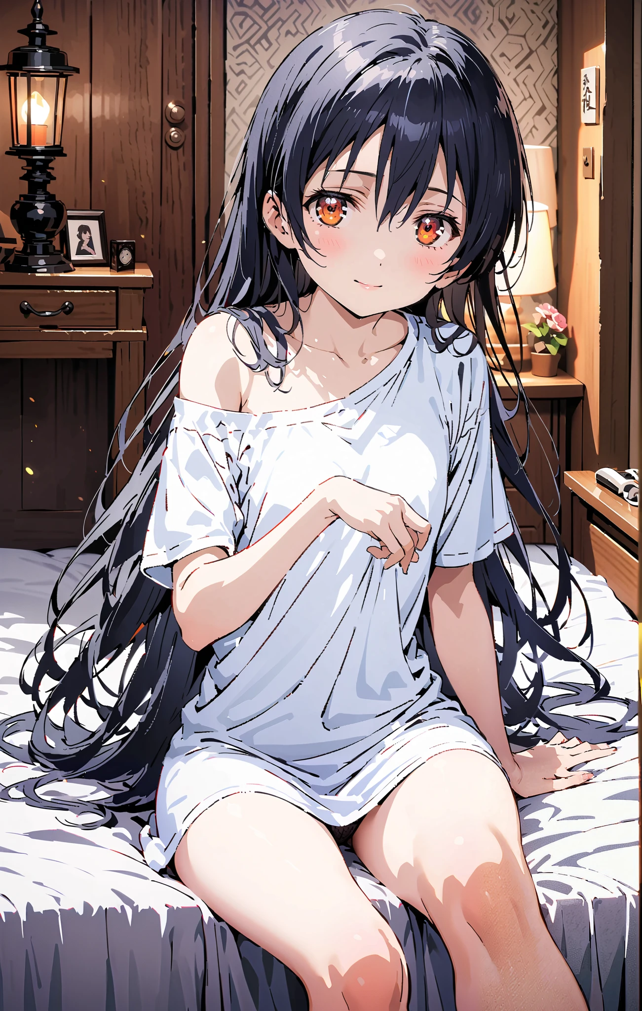   Sonoda Umi  ,  long hair, bangs,  hair between eyes,  brown eyes, smile,sleepy, Lantern,hair straightener,Un blouse,  loose t-shirt , one shoulder, Long Sleeve,Black string underwear ,Bare legs, bed with my thighs, beautiful scenery,morning, Interior ,whole bodyが illustrationsに入るように,                          break indoors, bedroom,
break looking at viewer,whole body,
break ( Masterpiece:1.2),  top quality,  high res,  Unity 8k Wallpaper, ( illustrations:0.8), ( beautiful detailed eyes:1.6),  highly detailed faces,   perfect lighting , Extremely detailed CG, ( perfect hand,  perfect anatomy),