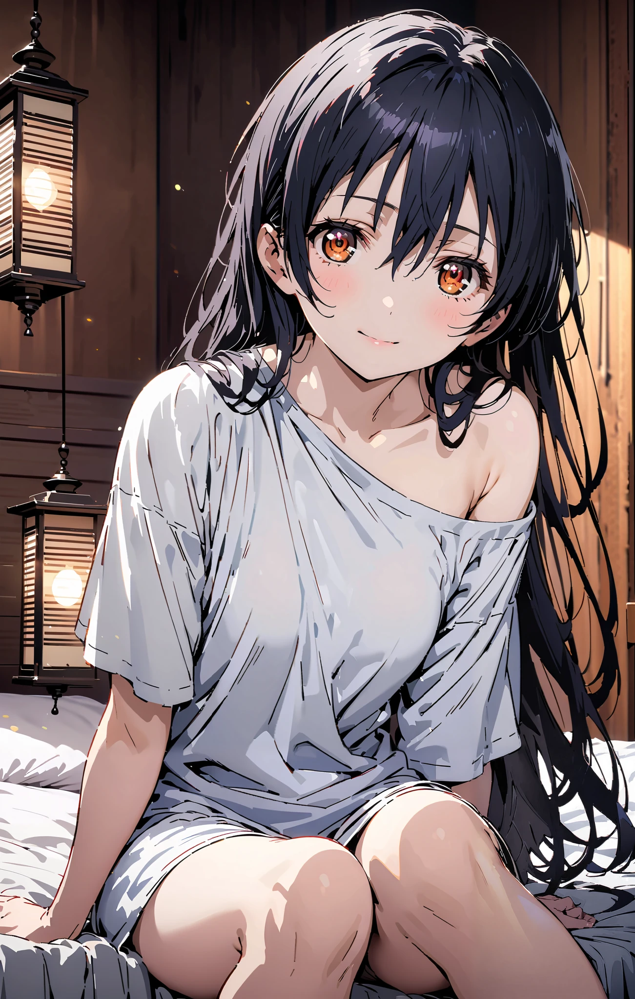 Sonoda Umi , long hair, bangs, hair between eyes, brown eyes, smile,sleepy, Lantern,hair straightener,Un blouse, loose t-shirt , one shoulder, Long Sleeve,Black string underwear ,Bare legs, bed with my thighs, beautiful scenery,morning, Interior ,whole bodyが illustrationsに入るように, break indoors, bedroom,
break looking at viewer,whole body,
break ( Masterpiece:1.2), top quality, high res, Unity 8k Wallpaper, ( illustrations:0.8), ( beautiful detailed eyes:1.6), highly detailed faces, perfect lighting , Extremely detailed CG, ( perfect hand, perfect anatomy),
