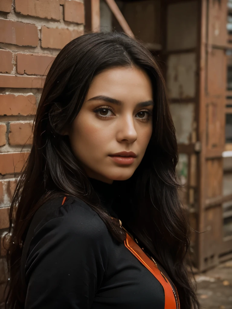 Uma mulher com cabelo ondulado usando jaqueta preta