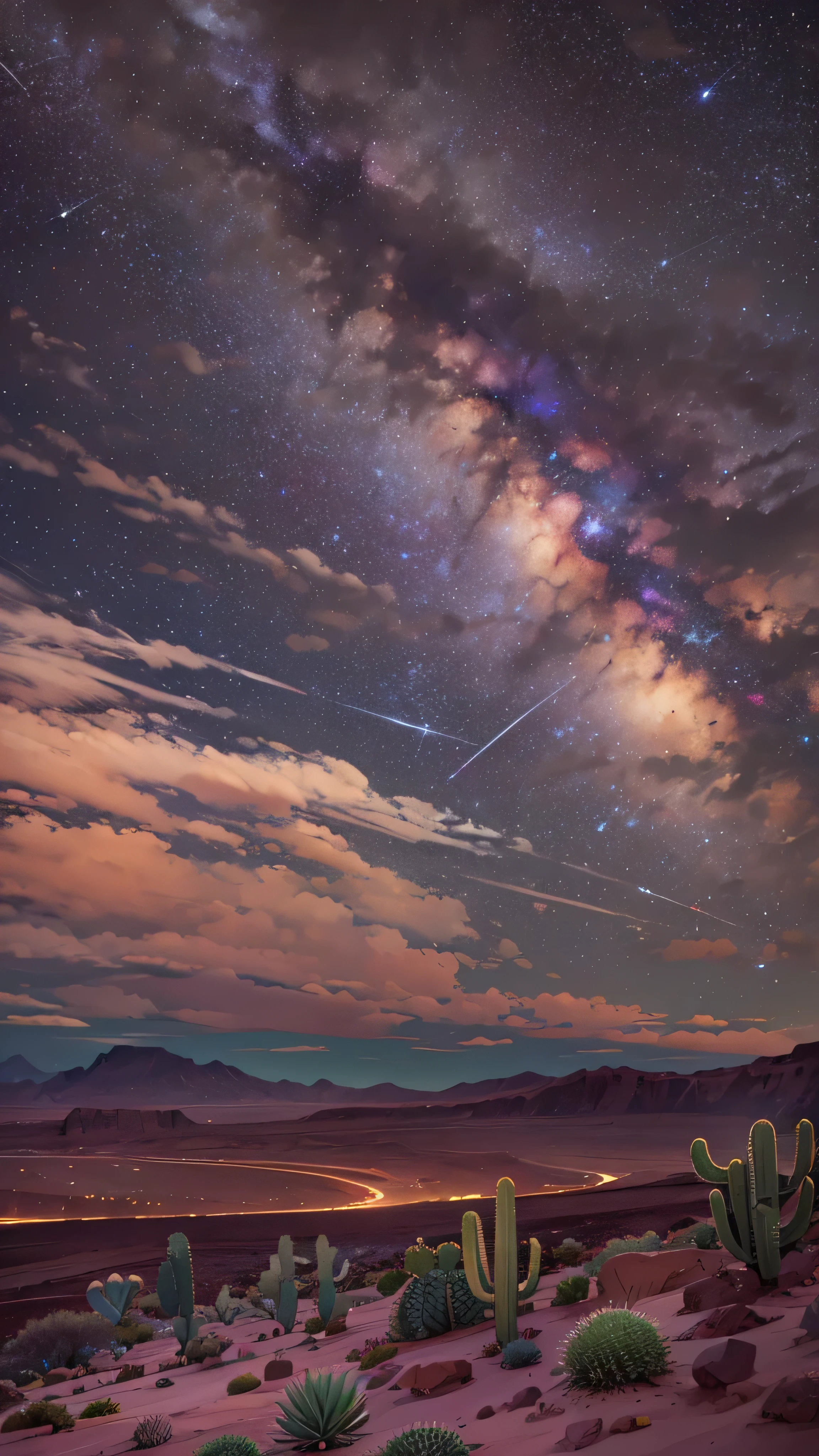 Panoramic high-definition images of the night sky , Spectacular images Beauty , midnight sky、 Incredibly beautiful night sky , The stars in the night sky harmonize with exquisite deserts and cacti, (Stars are the protagonists )Depth of field effect , An imaginative starry sky , fantasy, High End Color Matching , Baja California Peninsula ,Shooting stars with colorful tails ☆、 Spectacular , Four Corners, 16k、 Milky Way in the background 。