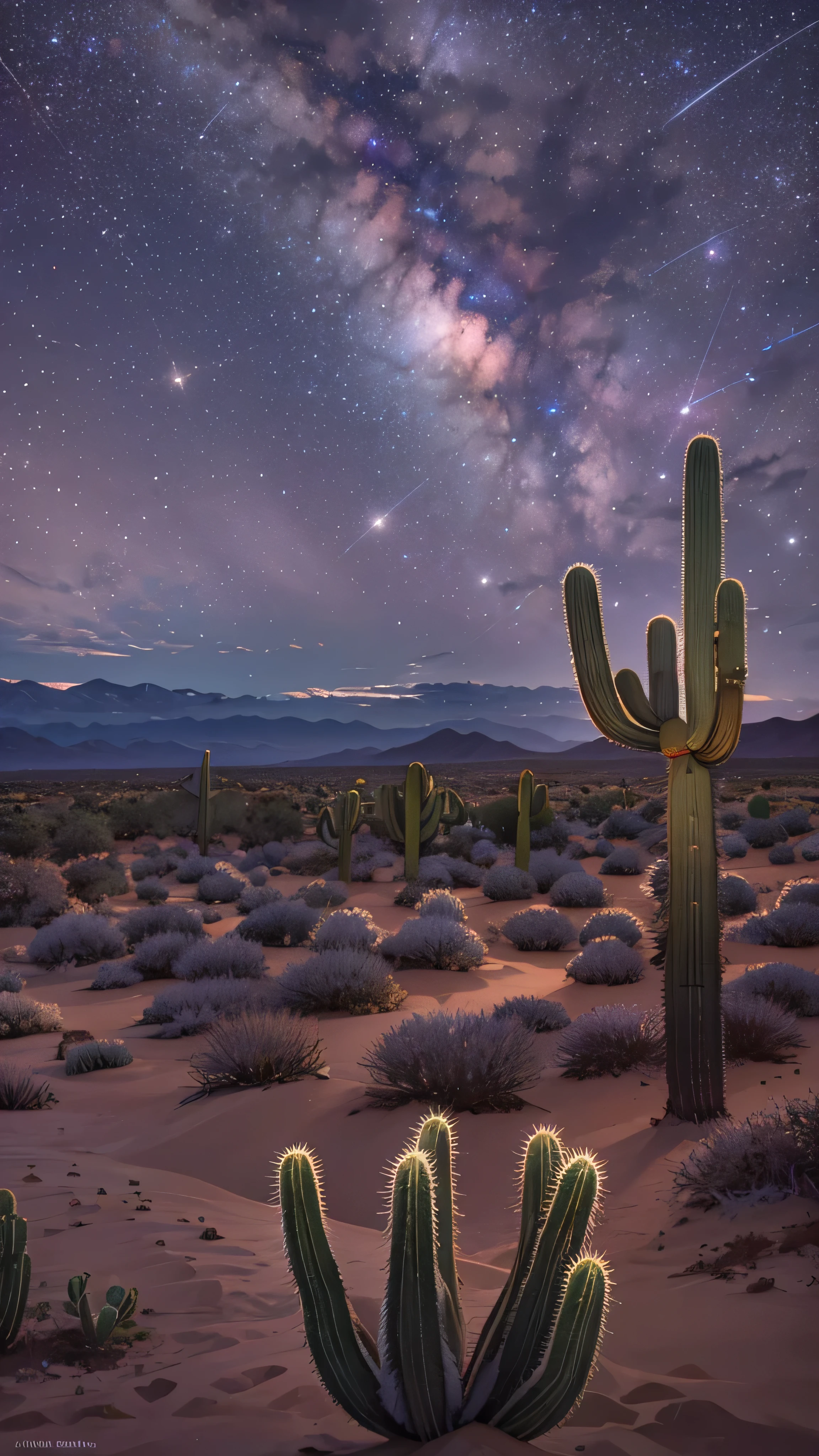Panoramic high-definition images of the night sky , Spectacular images Beauty , midnight sky、 Incredibly beautiful night sky , The stars in the night sky harmonize with exquisite deserts and cacti, (Stars are the protagonists )Depth of field effect , An imaginative starry sky , fantasy, High End Color Matching , Baja California Peninsula ,Shooting stars with colorful tails ☆、 Spectacular , Four Corners, 16k、 Milky Way in the background 。