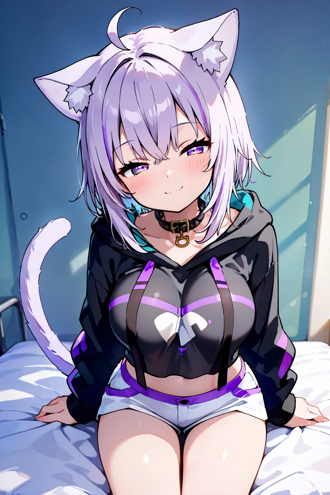 {Highest quality}, {so beautiful}, {Very detailed}, {Best illustrations},okayu_base, black hoodie, midriff, white pants,hot pants,Bare legs, animal collar, cat tail, ahoge, big breast,(half closed eyes,smile)