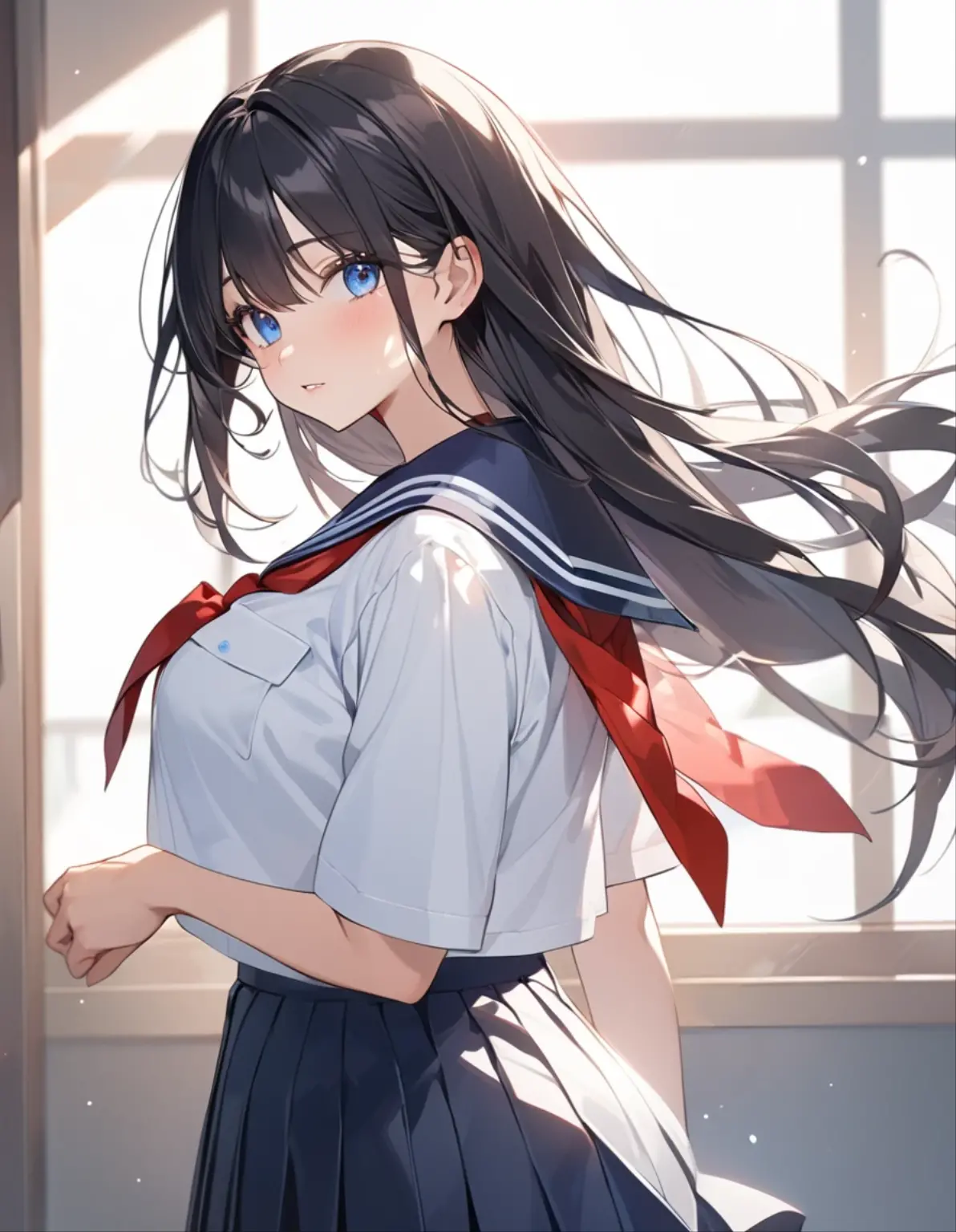 ( highest qualityのイラスト:1.2), (beautiful女の子:1.1), ( a girl、18 years old、 highest qualityのイラスト:1.2), ( a girl、Kind eyes、blue eyes:1.2)、 black hair、Semi-long hair、( highest quality、Very detailed、beautiful、 Ultra high resolution ) 、fofa｛ Sailor's Suit、Red handkerchief、 short sleeve、 pleated skirt )、 Very Big Breasts、very big , curvy body、 elegant,  behind , Rear angle, hip focus,   cowboy shot 