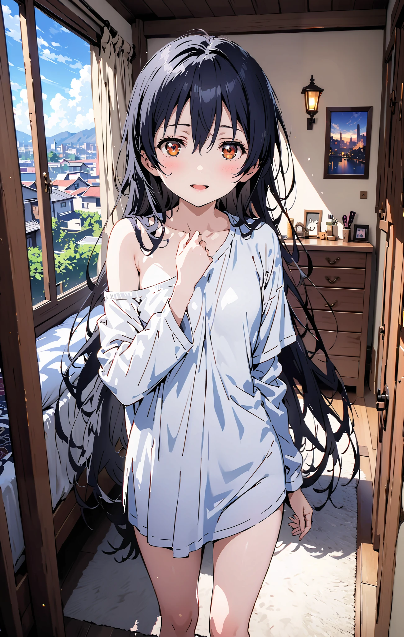 Sonoda Umi , long hair, bangs, hair between eyes, brown eyes, smile,sleepy, open the mouth, Lantern,hair straightener,Un blouse, loose t-shirt , one shoulder, Long Sleeve,Black string , legs, bed with my thighs, beautiful scenery, residential area,morning, Interior ,whole bodyが illustrationsに入るように, break indoors, bedroom,
break looking at viewer,whole body,
break ( Masterpiece:1.2), top quality, high res, Unity 8k Wallpaper, ( illustrations:0.8), ( beautiful detailed eyes:1.6), highly detailed faces, perfect lighting , Extremely detailed CG, ( perfect hand, perfect ),
