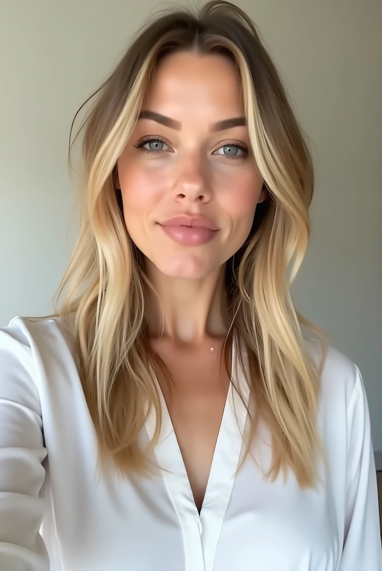 neutral background. a first-person perspective of a Caucasian woman taking a selfie for Instagram , against a neutral colored wall, without makeup, a slight smile with a slightly open mouth, She has medium-long wavy blonde hair wearing a white blouse with an oceanic style,natural face , pale skin, marine-themed clothing