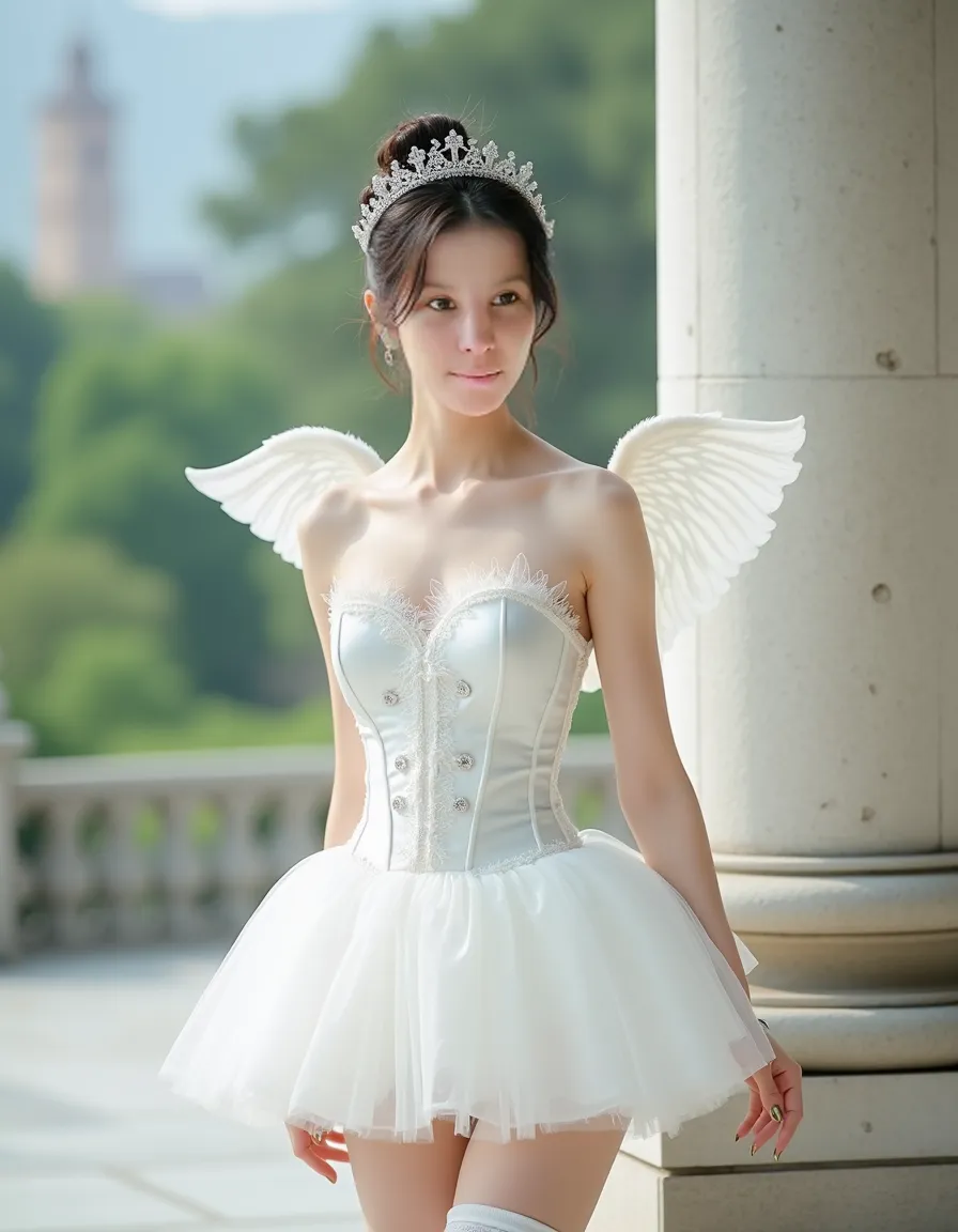 A doll in a white dress with wings、Marble sculpture by Puru、Deviantart Contest Winner、Gothic アート、Made of feathers、Gothic、Like a marble sculpture