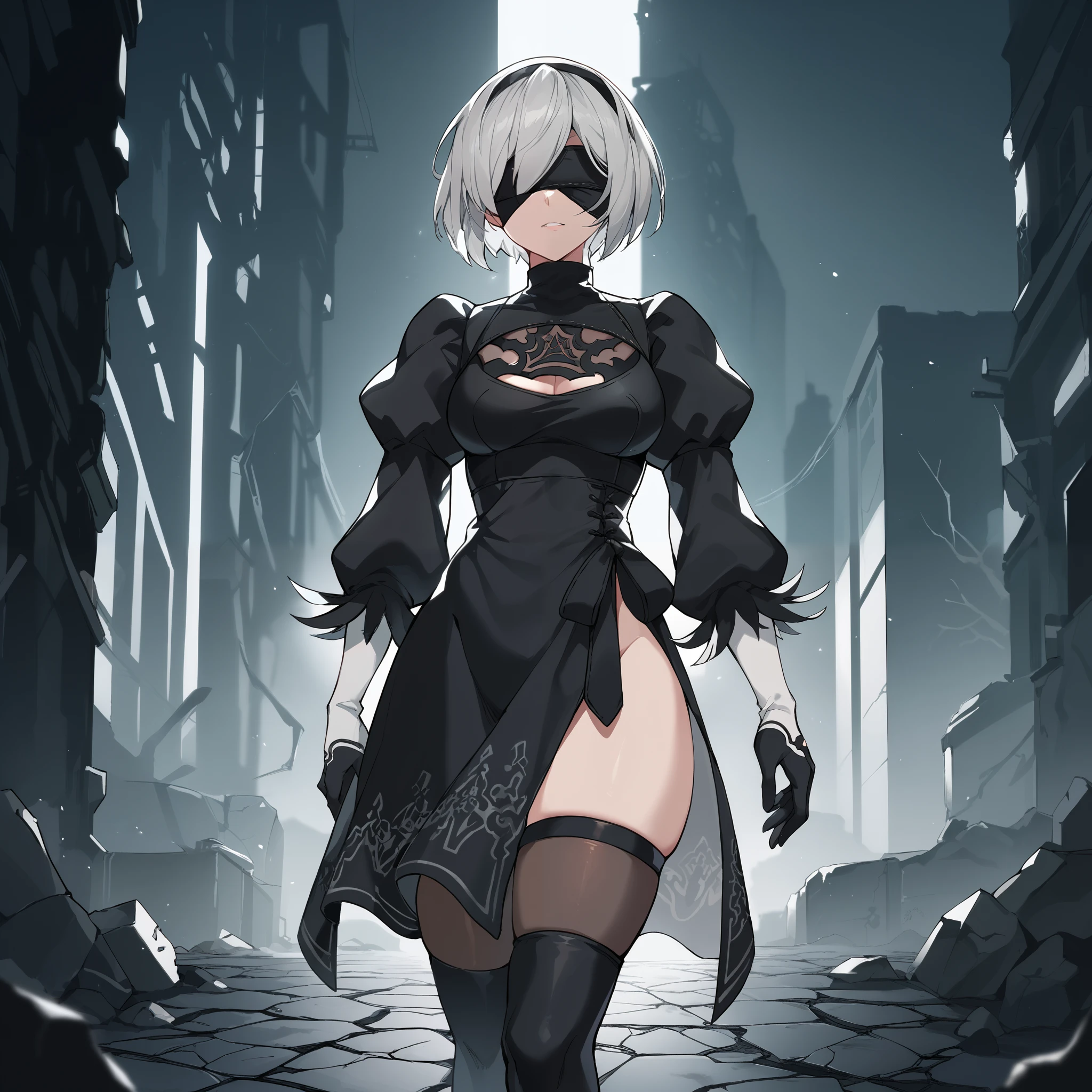 1girl, solo, white hair, short hair, black blindfold, black dress, thigh slit, black gloves, puffy sleeves, black thighhighs, nier2Bdef score_9, score_8_up, score_7_up, score_6_up, ruined city, dark theme, abandoned buildings, broken windows, crumbling walls, mist, fog, dim lighting, neon lights, post-apocalyptic atmosphere, destroyed streets, cracked pavement, overgrown vegetation, cyberpunk aesthetic,anime style, cel shading, vibrant colors, soft shading, anime face, large expressive eyes, smooth lines, stylized hair, detailed anime background, thick thighs, muscular thighs, meaty thighs, curvy, voluptuous, strong legs