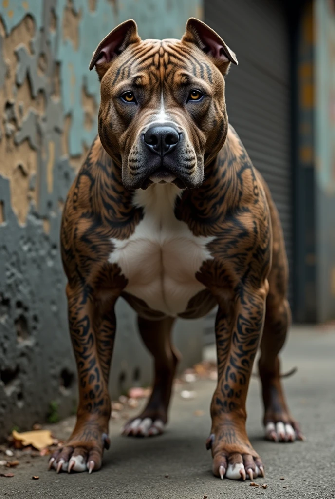 A muscular Pug dog with scars and tatoos on his arms and chest without t-shirt with expressions of hatred and anger posing in profile straining his bíceps 