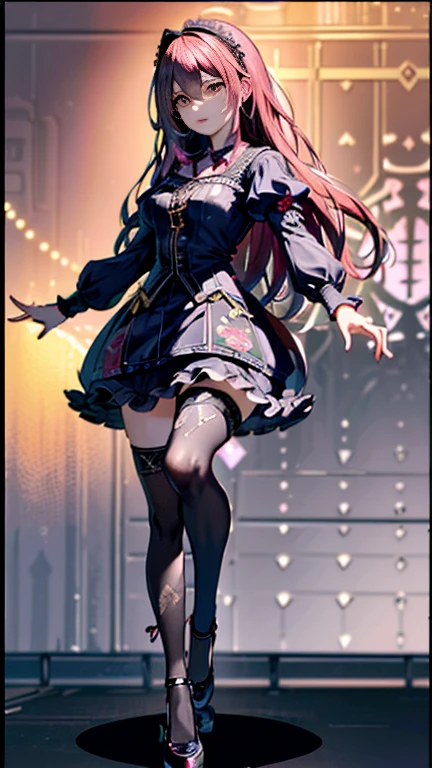 (gray background)(masterpiece) ultra-detailed solo 1girl hands on sides medium breasts, (full body standing)