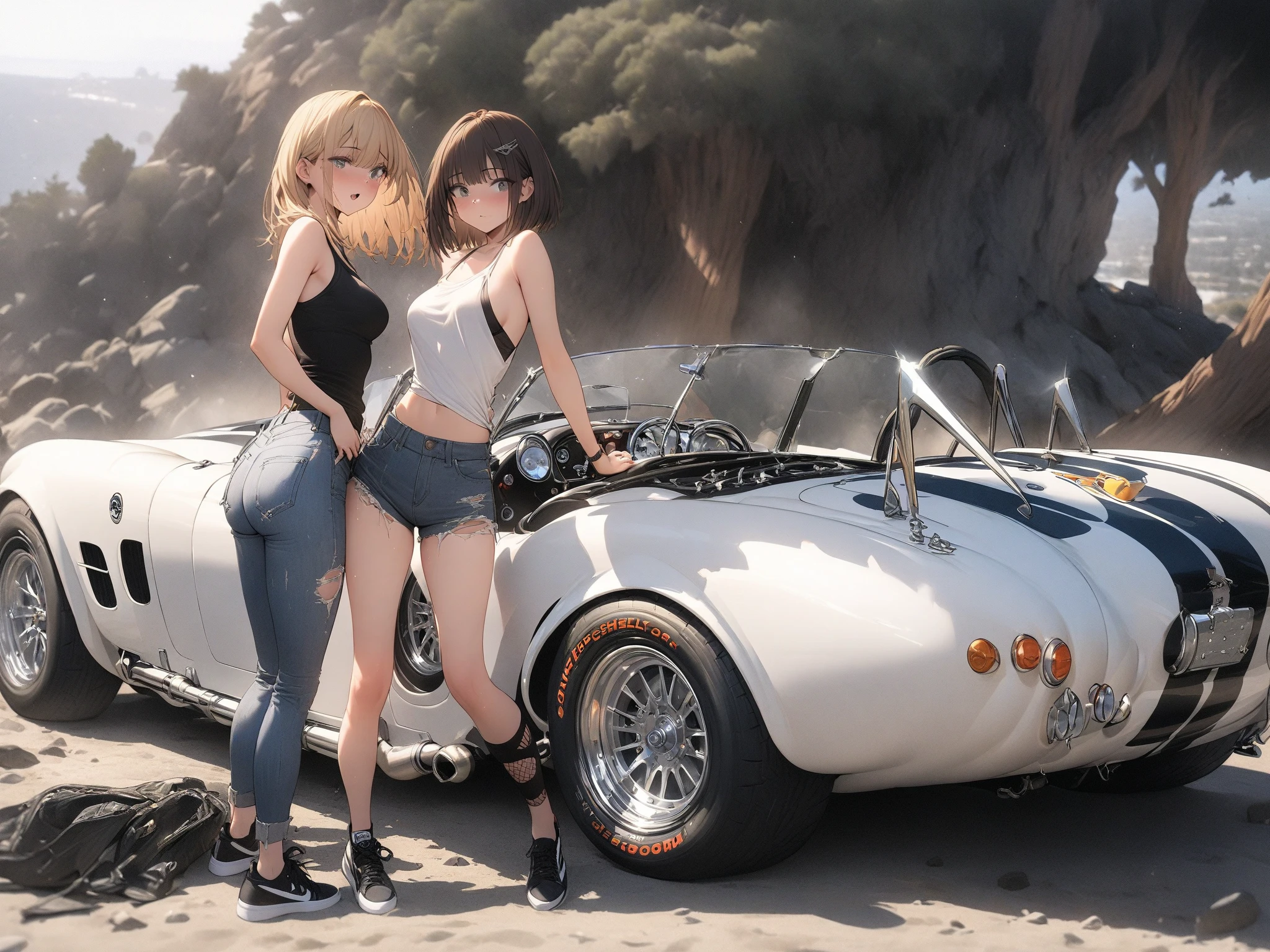 adult woman,1 woman,(ultrareal), (high definition), (8K), (Very detailed), (best beauty), (beautiful detailed eyes), (best quality), (ultra detail), (masterpiece), , (detailed face),black hair, solo, (dynamic pose), 1 girl, car passenger seat, short bob hair, Japan persons, iris heterochromatic eyes, small moles under the eyes, shell parts line gradient triangle bikini , smaller bikini, overexposed, big, attractive breasts, big breasts, feminine style, long legs, tighten abs, kubire, camel toe, (sheer bra), , underwear model,