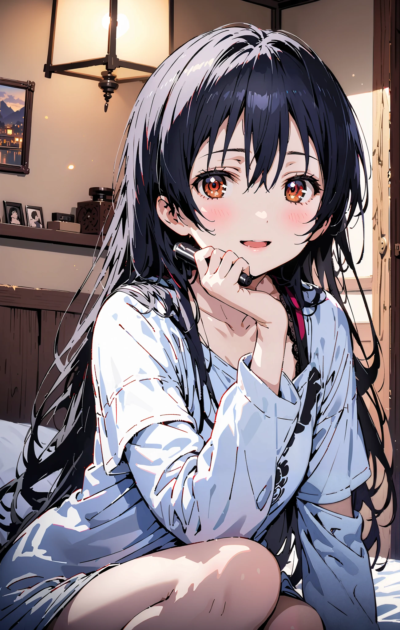Sonoda Umi , long hair, bangs, hair between eyes, brown eyes, smile,sleepy, open the mouth, Lantern,hair straightener,Un blouse, loose t-shirt , one shoulder, Long Sleeve,Black string underwear ,Bare legs, bed with my thighs, beautiful scenery, residential area,morning, Interior ,whole bodyが illustrationsに入るように, break indoors, bedroom,
break looking at viewer,whole body,
break ( Masterpiece:1.2), top quality, high res, Unity 8k Wallpaper, ( illustrations:0.8), ( beautiful detailed eyes:1.6), highly detailed faces, perfect lighting , Extremely detailed CG, ( perfect hand, perfect anatomy),