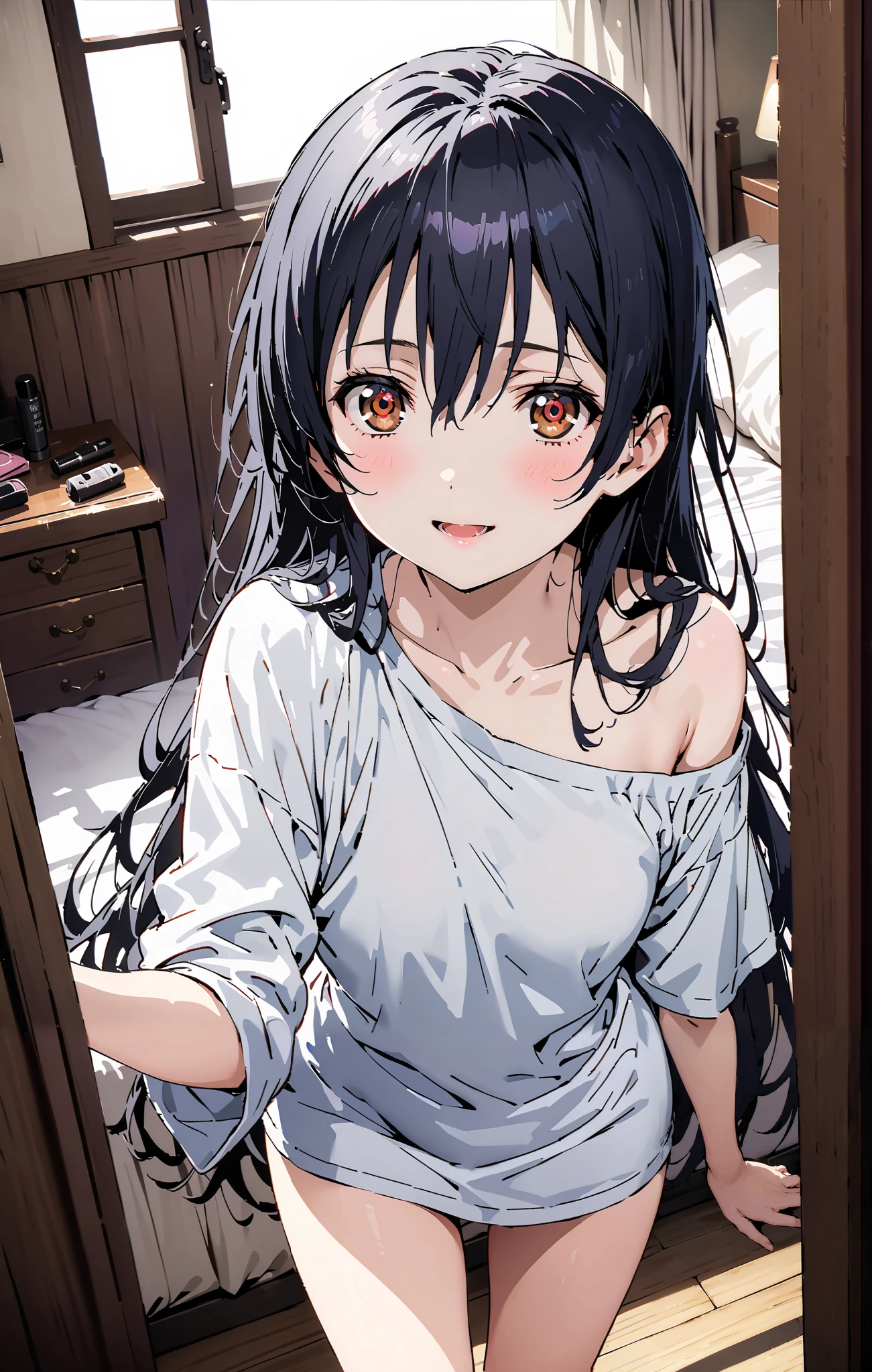 Sonoda Umi , long hair, bangs, hair between eyes, brown eyes, smile,sleepy, open the mouth, Lantern,hair straightener,Un blouse, loose t-shirt , one shoulder, Long Sleeve,Black string underwear ,Bare legs, bed with my thighs, beautiful scenery, residential area,morning, Interior ,whole bodyが illustrationsに入るように, break indoors, bedroom,
break looking at viewer,whole body,
break ( Masterpiece:1.2), top quality, high res, Unity 8k Wallpaper, ( illustrations:0.8), ( beautiful detailed eyes:1.6), highly detailed faces, perfect lighting , Extremely detailed CG, ( perfect hand, perfect anatomy),