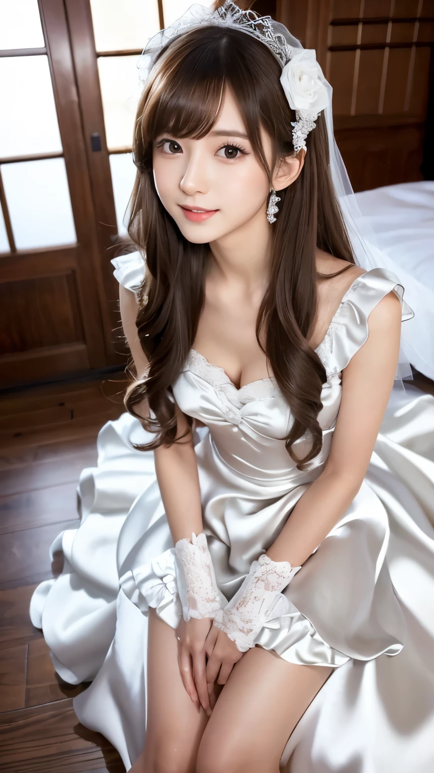 ((NSFW)), ((1.femele, Solo)), Highly detailed CG Unity 8K wallpapers、top-quality、ultra-detailliert、masterpiece、realisitic、Photorealistic highly detailed cute girl、(25-years old)、red blush、round idium chest、cleavage of the breast、Semi-body shots、White wedding dresses、Valley、Hotel、(White Princess Line Wedding Dresser Tiara、White choker、White lace gloves、white panty hose:1.2),(White skirt、Beautiful embroidery、White lace garter belt:1.2),Beautiful necklaces、The whole body is reflected、Staring straight ahead、Mouth ajar、Enchanted、A wistful look、Ecstatic face、cum faced、Lying in bed、opening legs widely、Raise your legs high、I'm going to、I'm about to cry、Pee is about to leak、The whole body is reflected