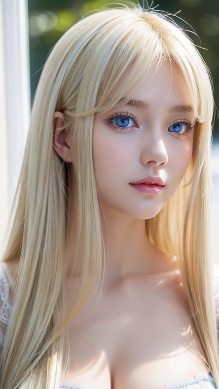 A very cute blonde beauty、Very beautiful bright pale light blue large eyes、Very big eyes、Gloss Face、Snow-white glossy skin、Cheek gloss highlighter、Super long hair、Ample Bust、Beautiful long bangs、Small Face Beauty、round face、eyeliner
