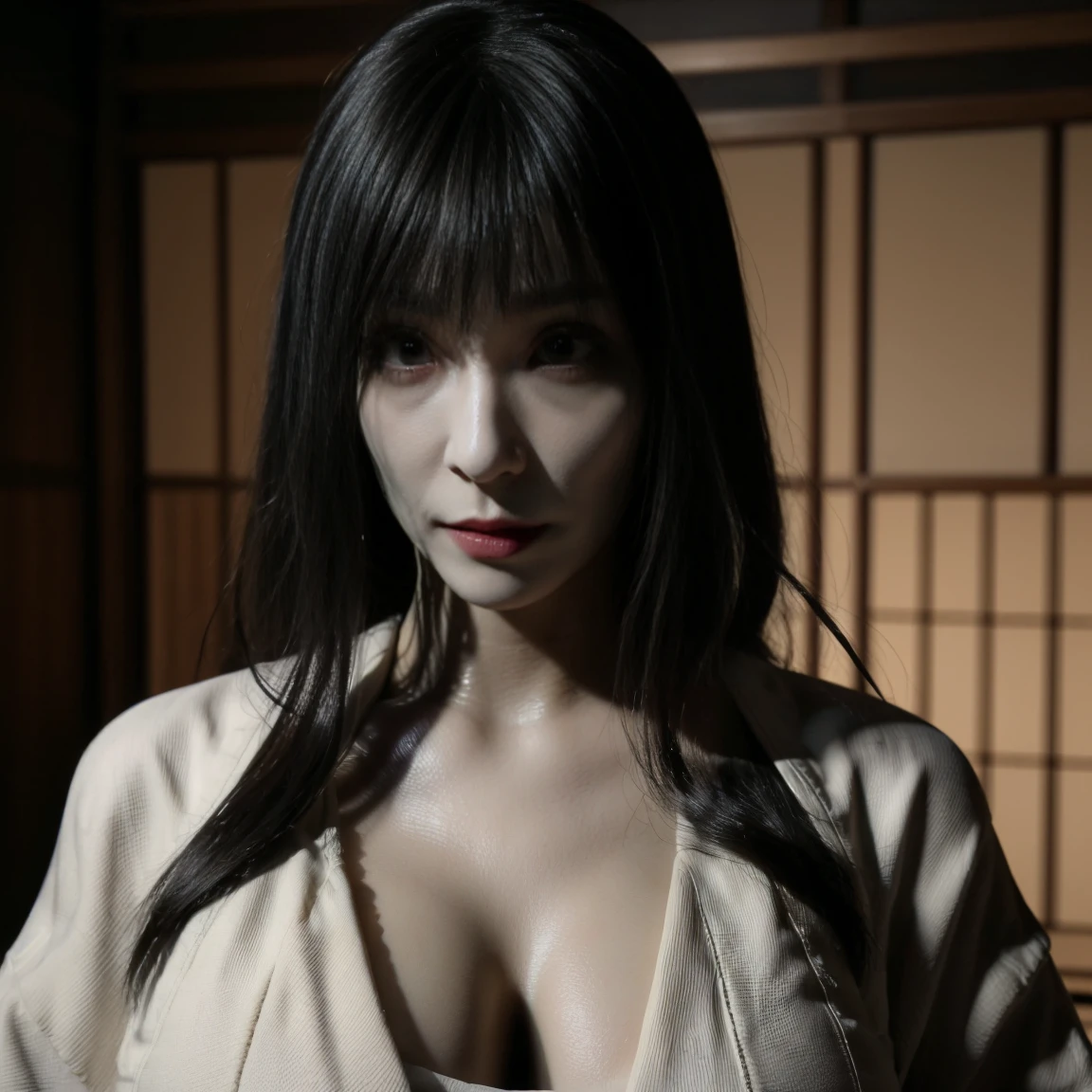 masterpiece, hinata\(boruto\), 1girl, mature women, (((Red floral satin kimono with spaghetti strap top))), (((Selfie))), (((Close-up photo))), (((Closed Clothing))), (((cleavage))), (((big breasts))), (((big round breasts))), (((round breasts))), (((extremely heavy breasts))), (((heavy breasts))), (((Colossal tits))), (((perfect breasts))), (((shy face))), detailed lips, beautiful face, blush, (pink lips), (((long hair))), white eyes, gentle gaze, smile, super realistic, detailed, realistic face and body, realistic hair, realistic eyes, realistic nose, realistic lips, seductive pose, (((straight bangs))), (dark blue hair), 28 year old girl