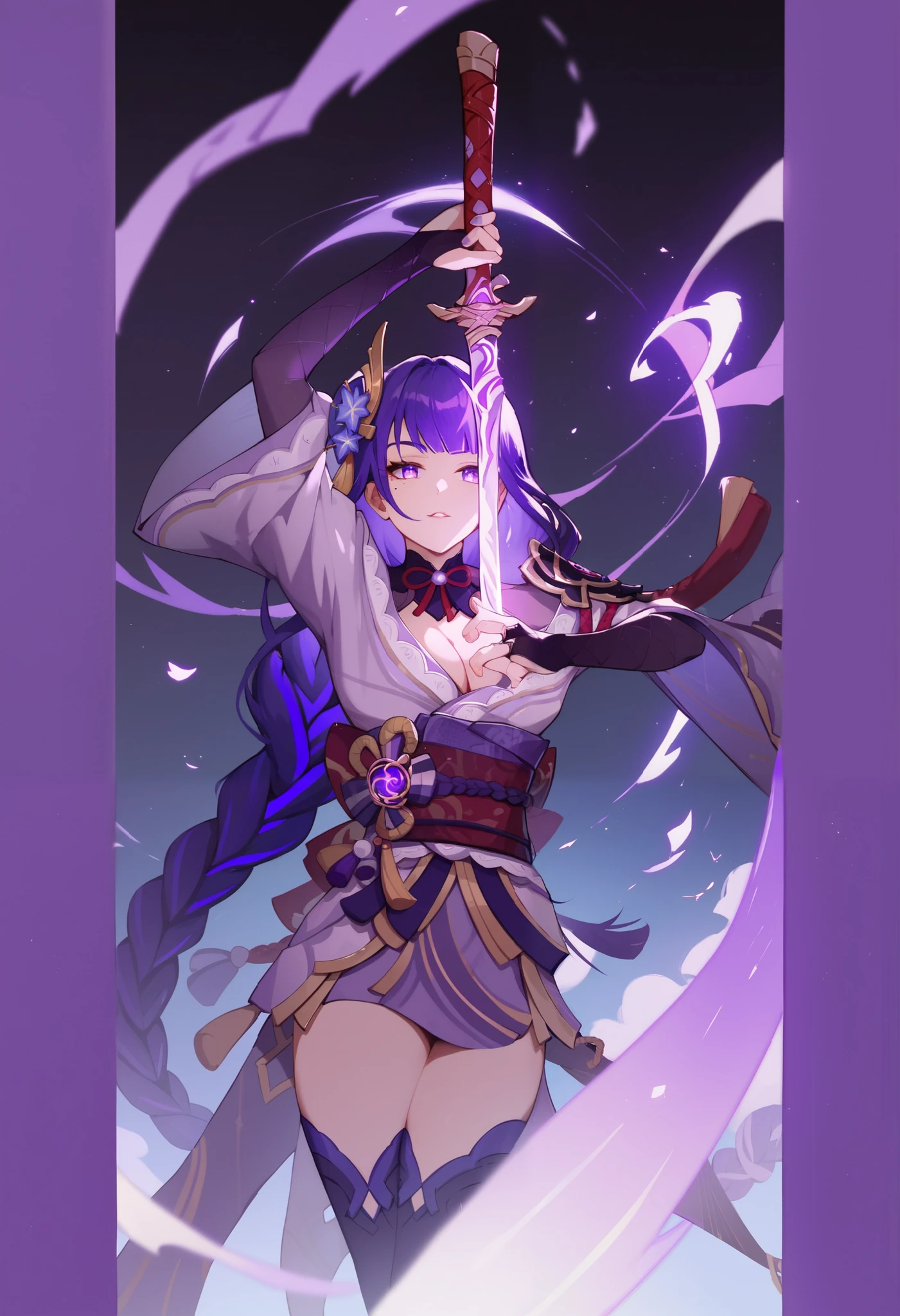 a cute small melusine girl wearing a purple hoodie, looks like Raiden Shogun, happy expression, detailed face, long hair, detailed clothing, fantasy landscape background, detailed lighting, cinematic, digital art, concept art, vibrant colors, beautiful, photorealistic