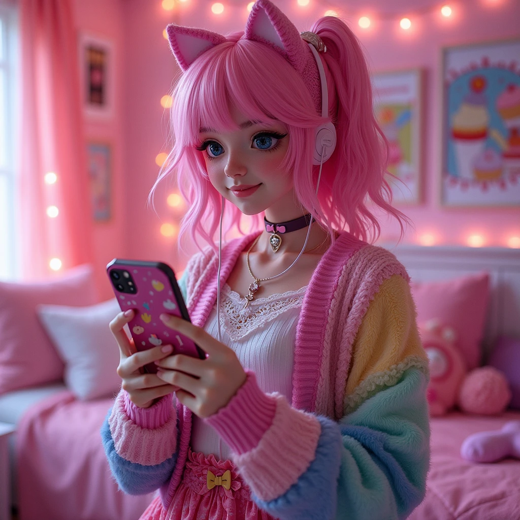 13 year old girl in her bedroom, with big toys ,skinny, slim, strange, Gentle, hair decoration , very detailed realistic texture, digital painting, very detailed photo, full body shot 