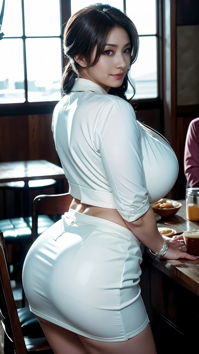 Cuckold chubby mature pregnant thic bbw white (30 years old) hotwife, huge massive gigantic ((clothed breasts)), brown hair, with very long pencil skirt and pink blouse, dog black collar around her neck , walking with tall handsome man, expression, kissing man, luxury restaurant,drinking wine, illustrations, ultra-detailed, realistic, vivid colors, full body picture, warm tones, soft lighting, view from the side