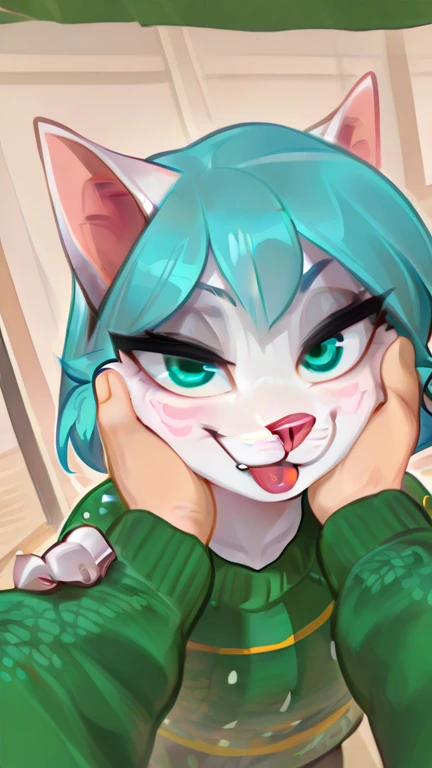 a photorealistic, highly detailed, 1girl, shiny, with a feline-inspired cat ears and tail, perfect anatomy, beautiful detailed eyes, beautiful detailed lips, extremely detailed face, longeyelashes, anthro cat girl, striking a confident, alluring pose, in a dramatic, moody lighting, cinematic composition, hyper realistic, 8k, detailed background, ultra-detailed, (best quality,4k,8k,highres,masterpiece:1.2),ultra-detailed,dramatic lighting,moody atmosphere, big eyes, cute, happy facial expression, cute pose, soft fur, green hair, vex, badyiffymix41, wearing clothes, huge breasts 