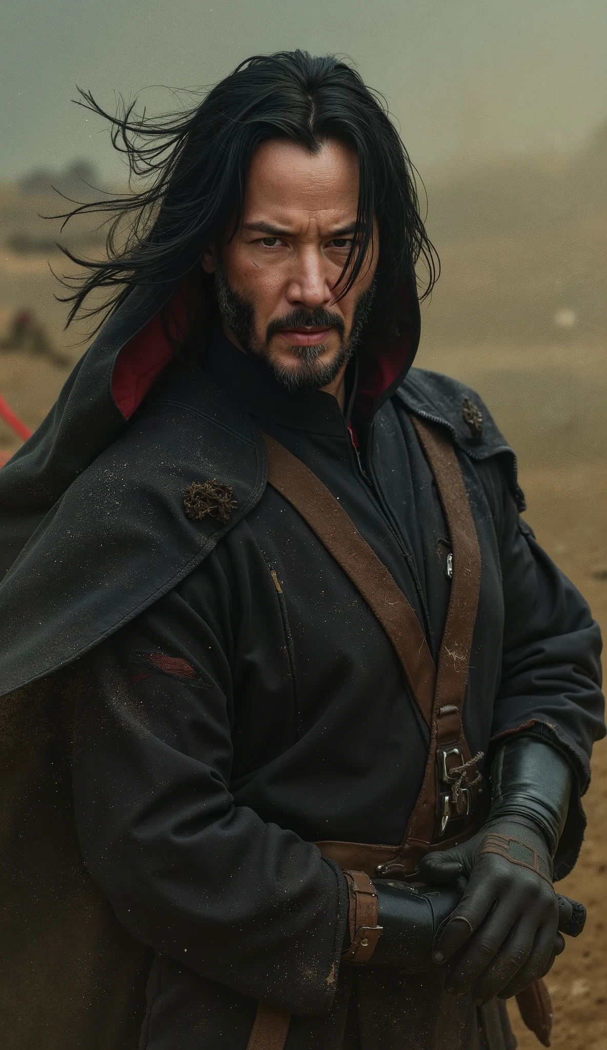 Keanu Reeves like Kenshi would be a powerful fusion of wisdom , struggle and a touch of mystery . Imagine Keanu wearing Kenshi's costume , with a black upper part and red details , that highlight his noble and warrior posture . His face would be calm , but full of intensity , reflecting the wisdom of a master , as he holds the Katana sword with precise control . **with a red stripe over the eyes** **with a red stripe over the eyes**
The surrounding atmosphere would be marked by a dark and arid scenario , maybe a devastated battlefield or a combat arena , where the wind lifts the dust and his cape moves softly . Keanu's visual , with dark hair and a penetrating look , creates the image of a man who has already faced loss and now channels his pain into an unbeatable force. His fighting style , calculated and agile , seems more like a dance than a physical combat , with the sword moving as an extension of his own body .
If this vision of Kenshi with Keanu is the What can you imagine , I can create an image with that idea !
