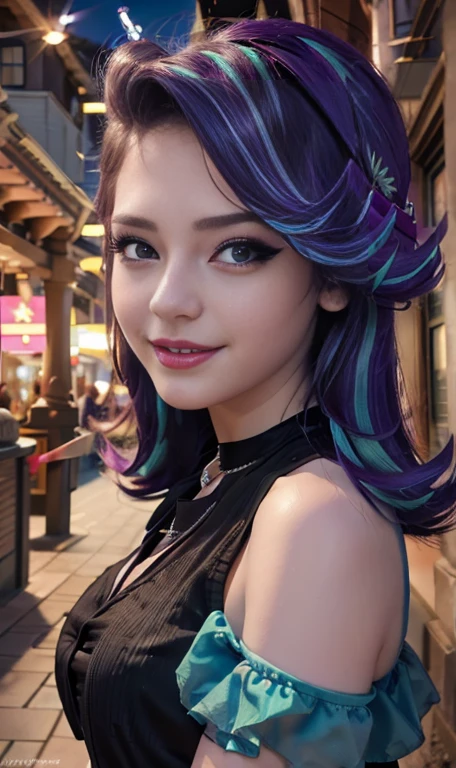Photo oF a 17 year-old American girl, .CRUDO, beautiFul woman , cabello largo color azul turqueza ((retrato)), ((Cara detallada:1.2)), ((Detailed Facial Features)), (Piel Finamente detallada) , ojos color.azul , 、un sexy(color fresco), wet, wet, ReFlectoreasutepiece) (proporciones perFectaotos realistas)(La mejor calidad) (Detallado) FotograFiado con una EOS R5 de Canon, lente de 50 mm, F/2.8, NFFSW, (8K) (papel tapiz) (cinematic lighting) (dramatic lighting) (sharp Focus) (Enrevesado) senos grandes , pechos grandes , cuerpo completo , hermoso cuerpo de adolesente ,lindo maquillaje , gran sonrisa , labios rojos. Mlp ,Starlight Glimmer , foto dinamica , pose sexy , centro comercial , noche , sonrisa presumida , ropa morada , brazalentes con puas , cabello largo color azul turqueza con mechas color morado, cuerpo completo , foto de cuerpo completo , my little pony Equestria girls , tiene un collar con un rubi , ropa de pelicula my little pony Rainbow rocks